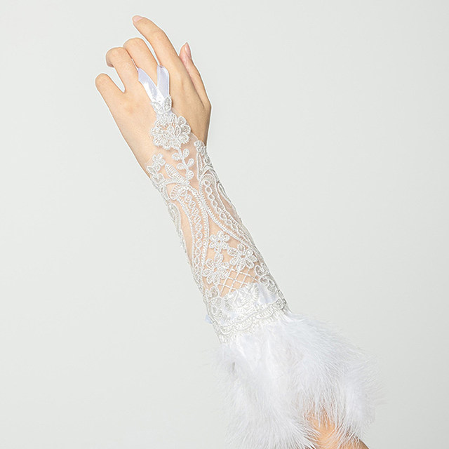 Gants Longs Sans Doigts Dentelle Et Plumes - Style Gothique Pour Soirée