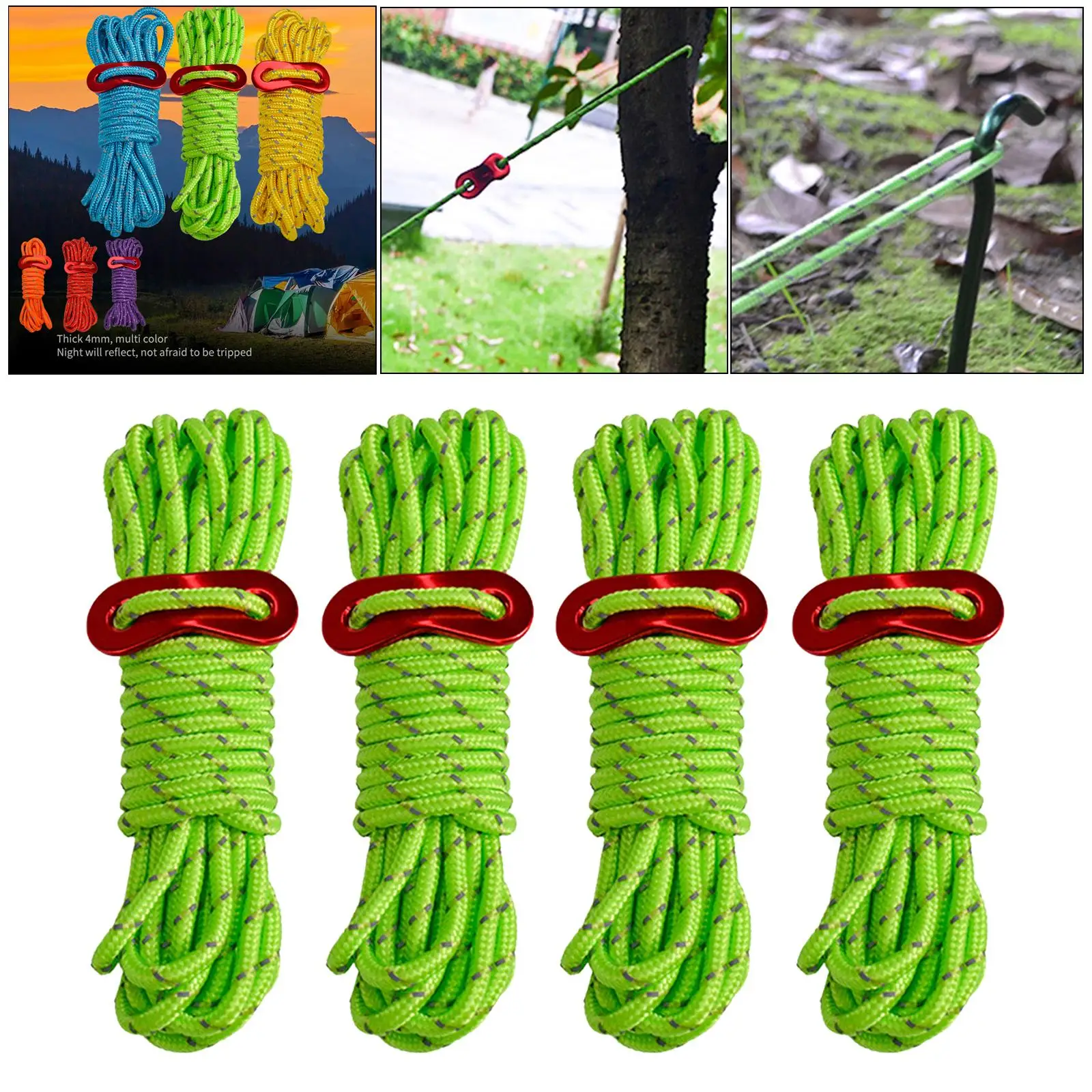 Guy Ropes, 4 Pack 4mm Tent Guy Line 13 Feet Reflective Cord Guy Line Tent Guide Rope for Awning Camping Hiking BBQ Grills