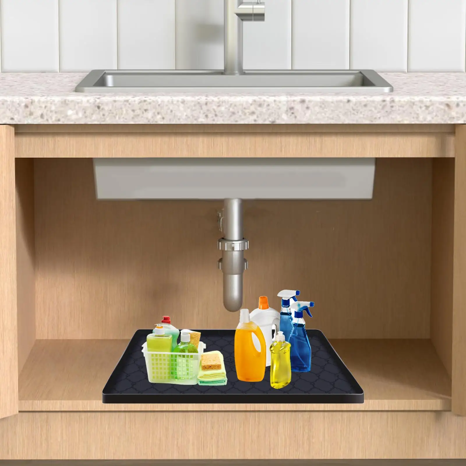 Sink Mat Drip Tray Non Slip with Drain Hole Kitchen Cabinet Liner Silicone Mat