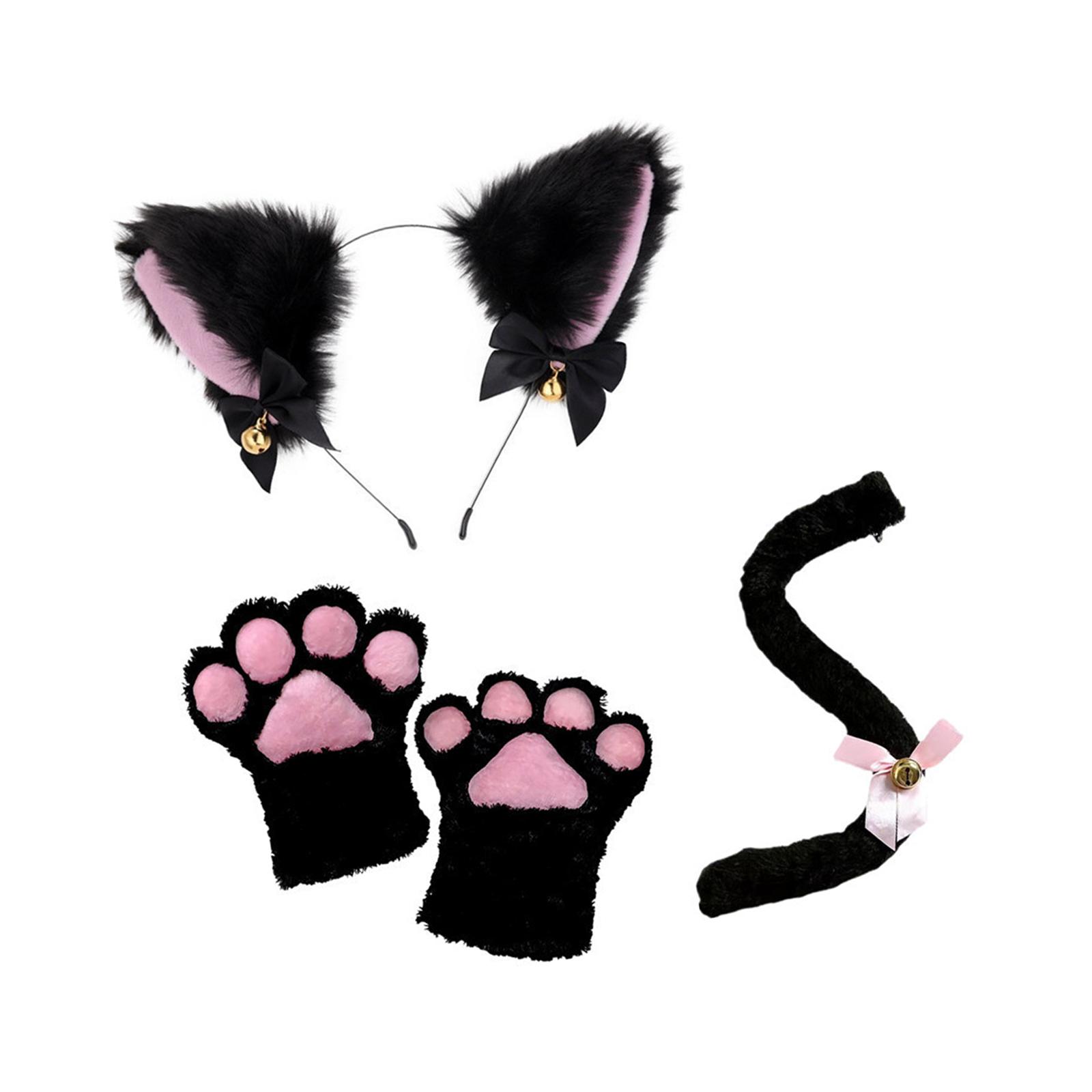Katzen ohr und Schwanz Pfote Lolita Cosplay Kostüm Set Plüsch Ohr Glocke Stirnband Bowknot Kragen für Karneval Maskerade Festival Requisiten – Detail 6
