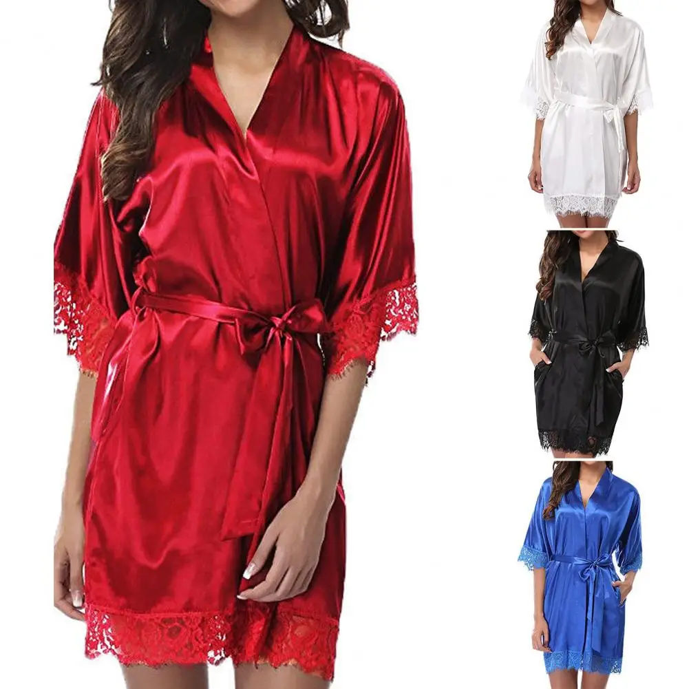 New Women Night Gown Robe Lace Bathrobe Nightgown Halt Sleeve Night ...