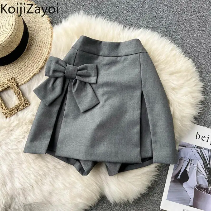Koijizayoi Solid Women Bow High Waist Mini Short Zip Up Fashion Spring Autumn 2022 New Style Split Skirt Shorts Chic Japan Style plus size clothing