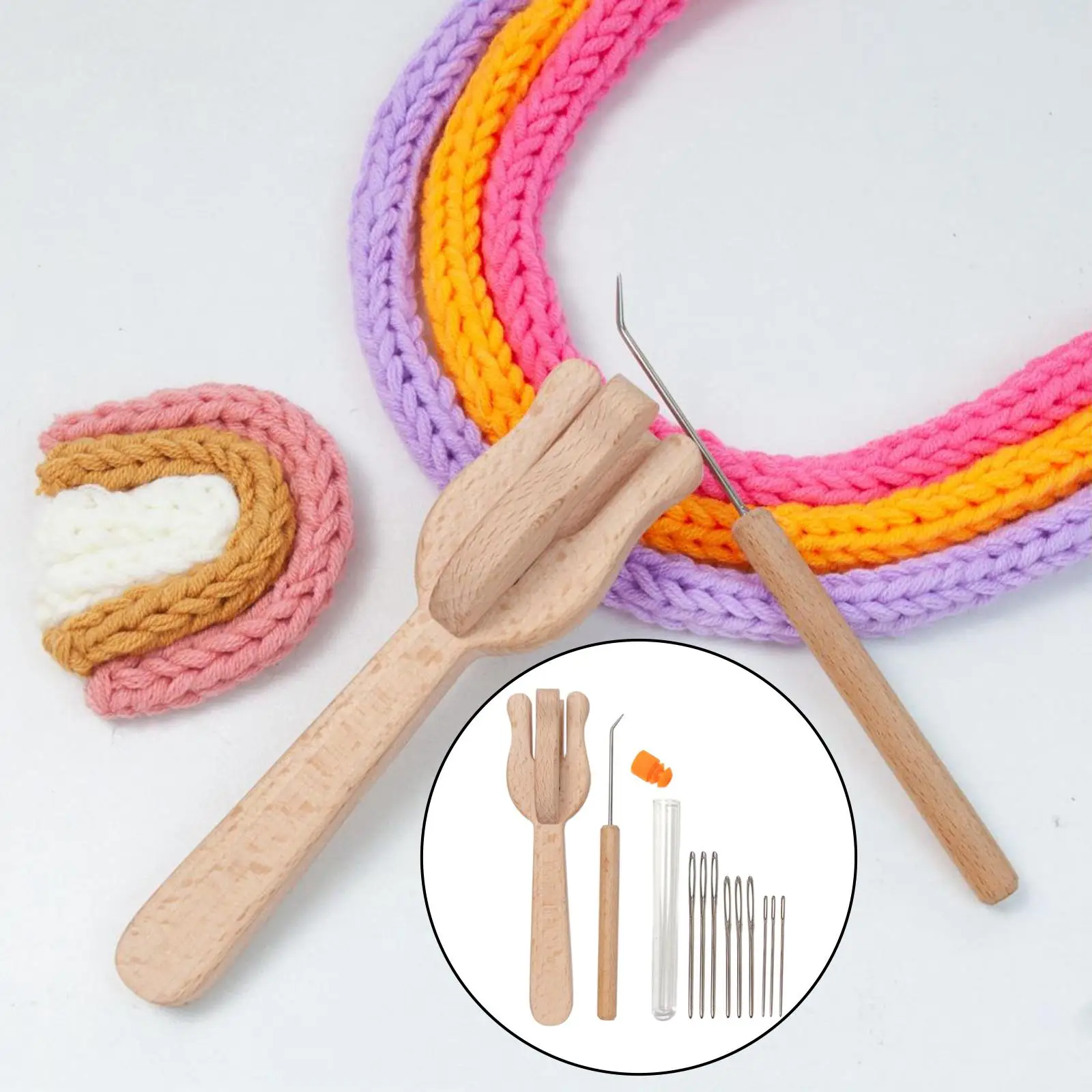 Knitting Fork, Handle and 9 Big Eye  Kit Knitting Knitters Eye Jewelry Wooden Lucet Fork Weaver Knitter Needle Kit