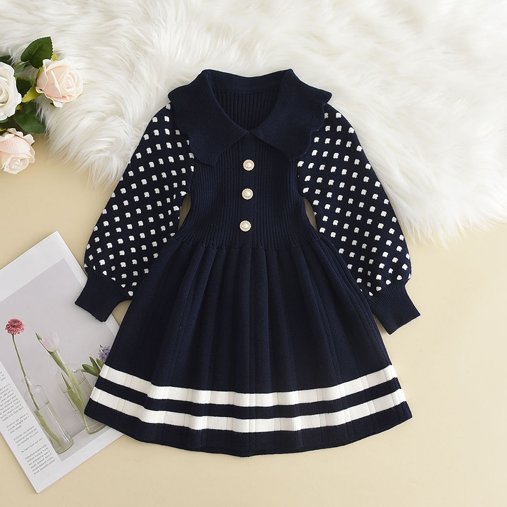 3-7 Jahre Alte Koreanische Version Marineblaues Süßes und Niedliches Mädchenkleid Herbst- und Winter-Strickkleid mit Langen Ärmeln für Kinder – Detail 22