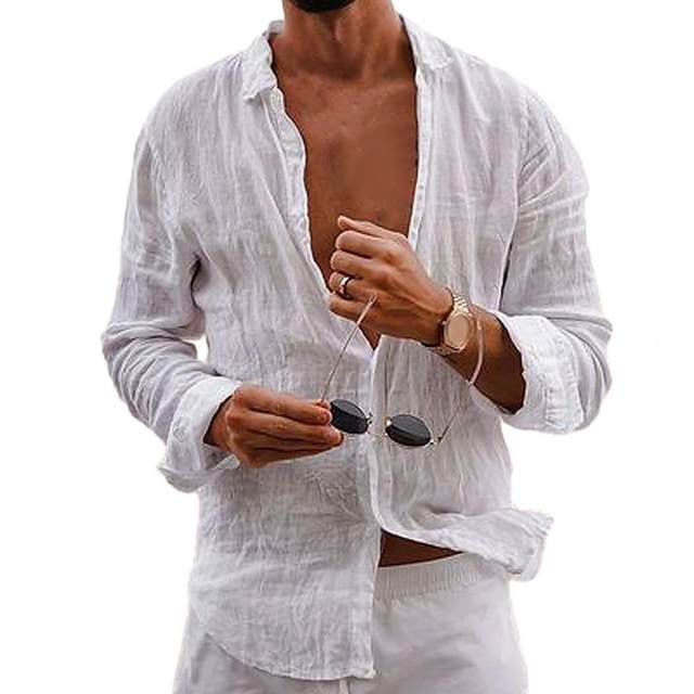 Chemise Homme à Manches Longues En Coton - Coupe Ample, Col En V, Boutonnée, Style Décontracté été/plage - 10