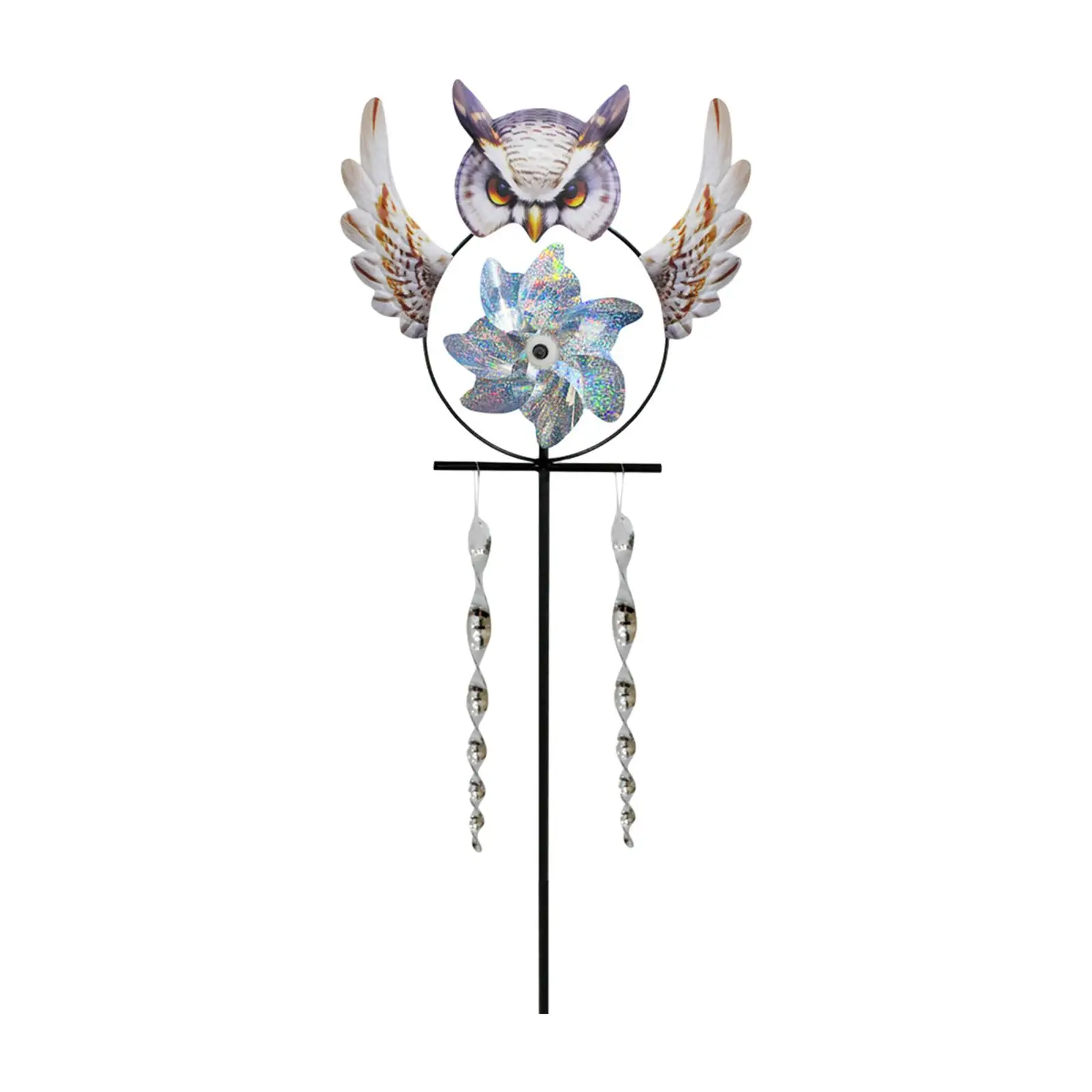 Yard Owl Figurine Wind Pinwheel with Stake Decorative Reflective 37inch Tall Wind Chime for Courtyard Versatile Stylish Sturdy