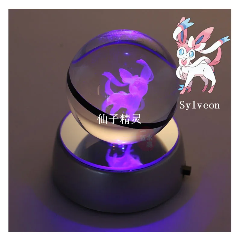 Anime Pokemon Sylveon 3D Crystal Ball Pokeball Anime Figures Engraving Crystal Model with LED Light Base Kids Toy ANIME GIFT