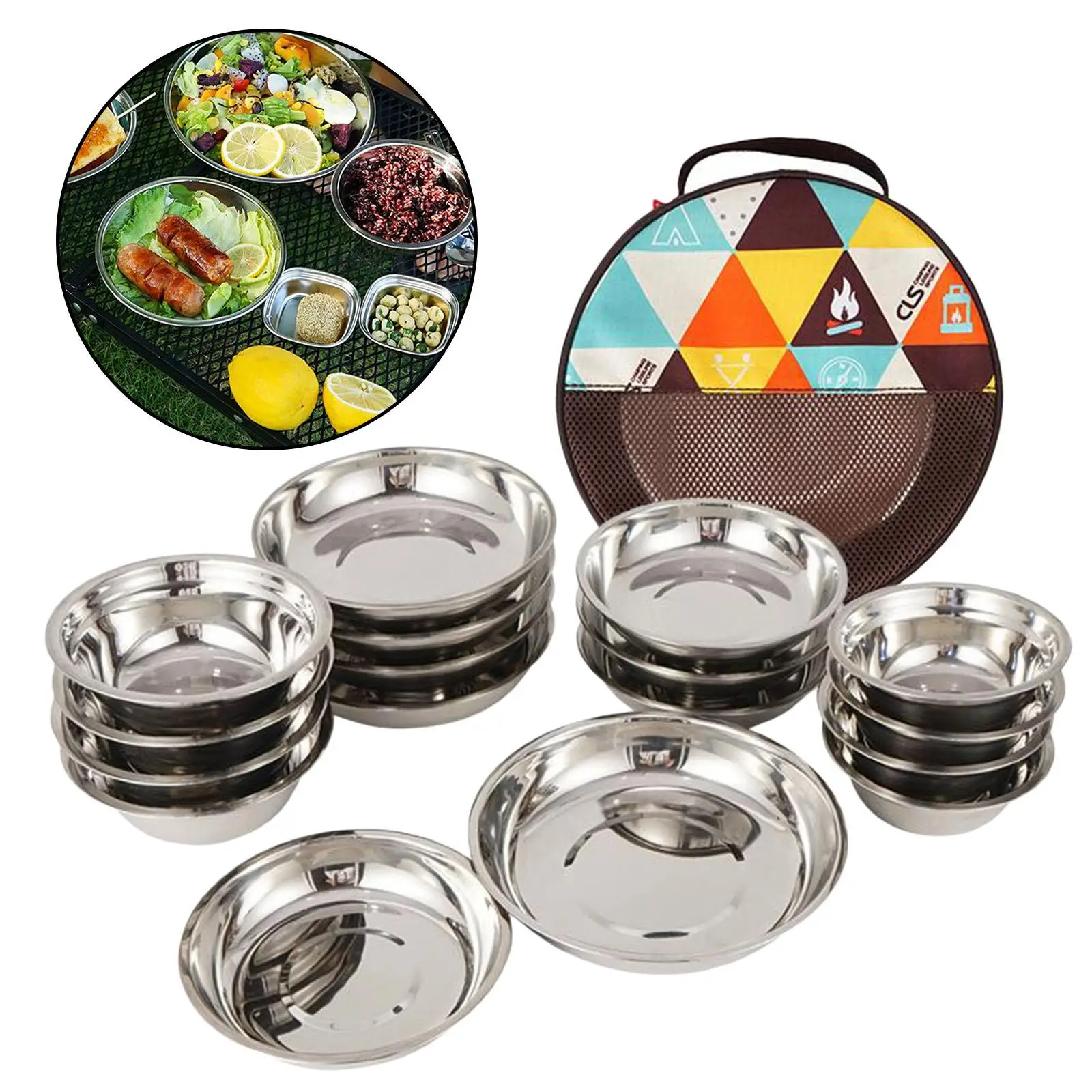 17 in 1 Stainless Steel Plate Set Portable Dinnerware Cooking  Bowl for