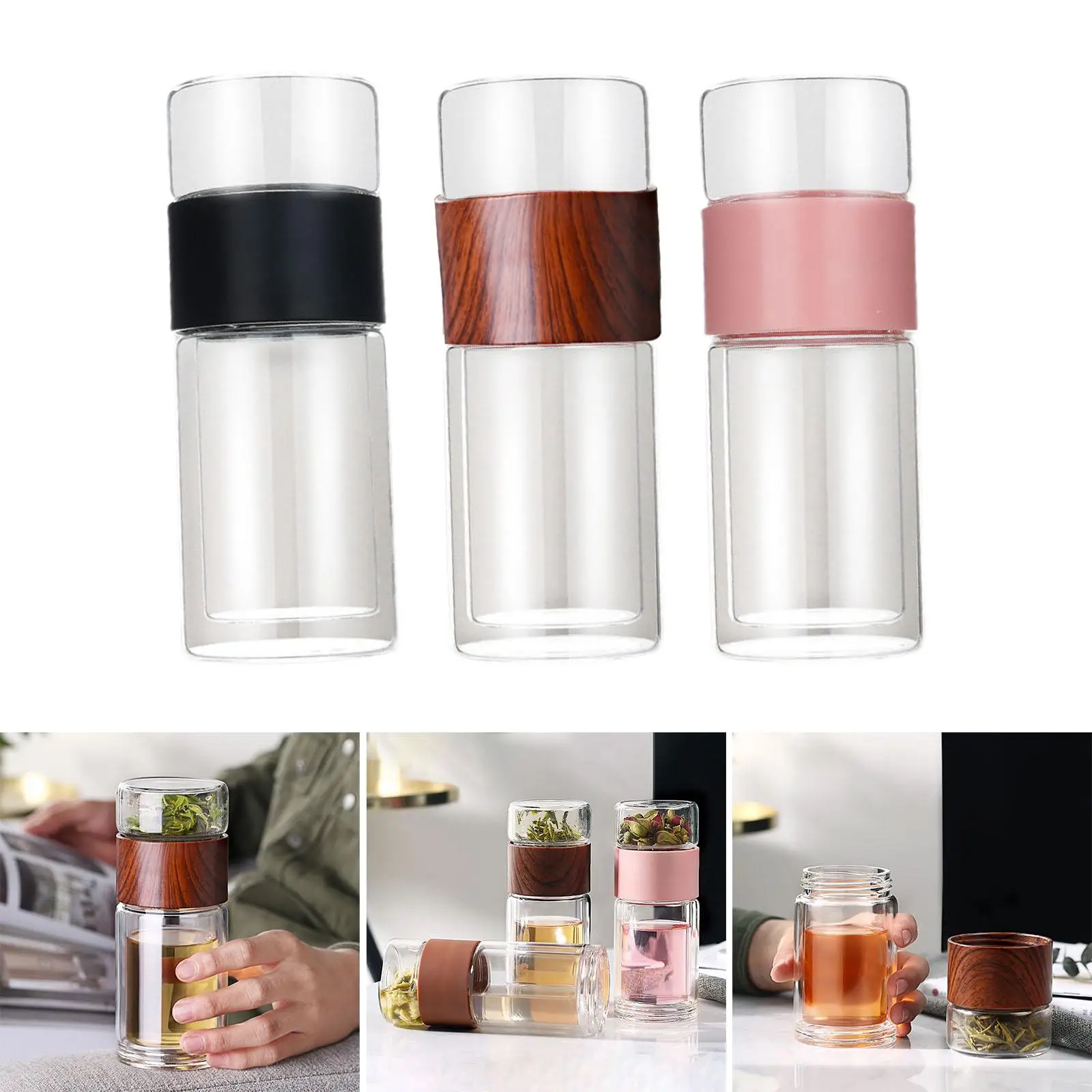 Portable Tea Infuser Bottle Leakproof Tea Mug Cup Borosilicate Glass 300ml for Loose Leaf Double Wall Insulated Glass Bottle