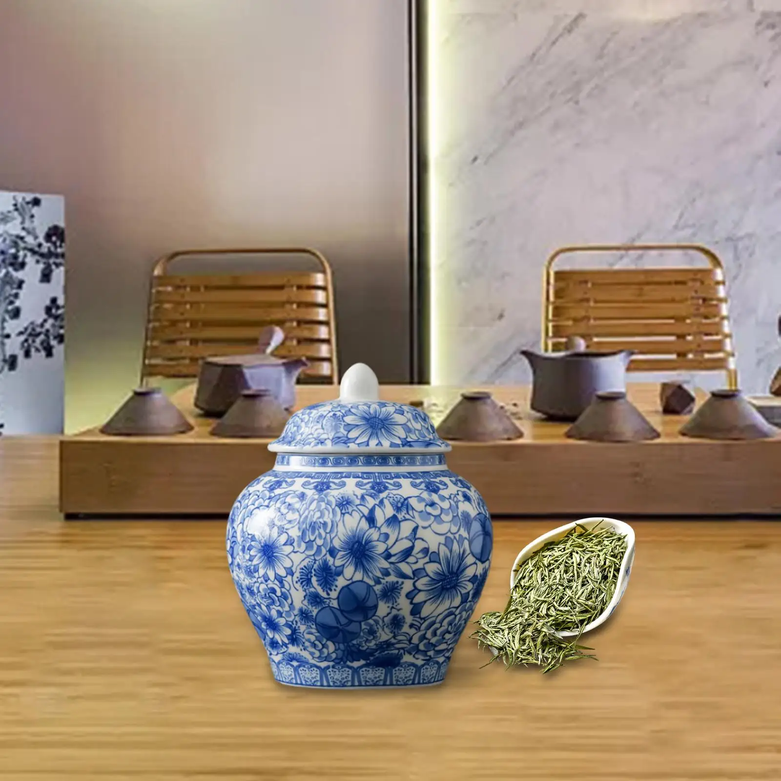 Tea Canister Floral Handicraft Table Centerpieces Oriental Style Home Decoration Blue White Porcelain Ginger Jar Decorative Vase