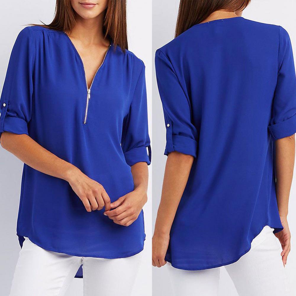 Title 3, Casual Office Lady Blouses Sexy Solid Color Zip...