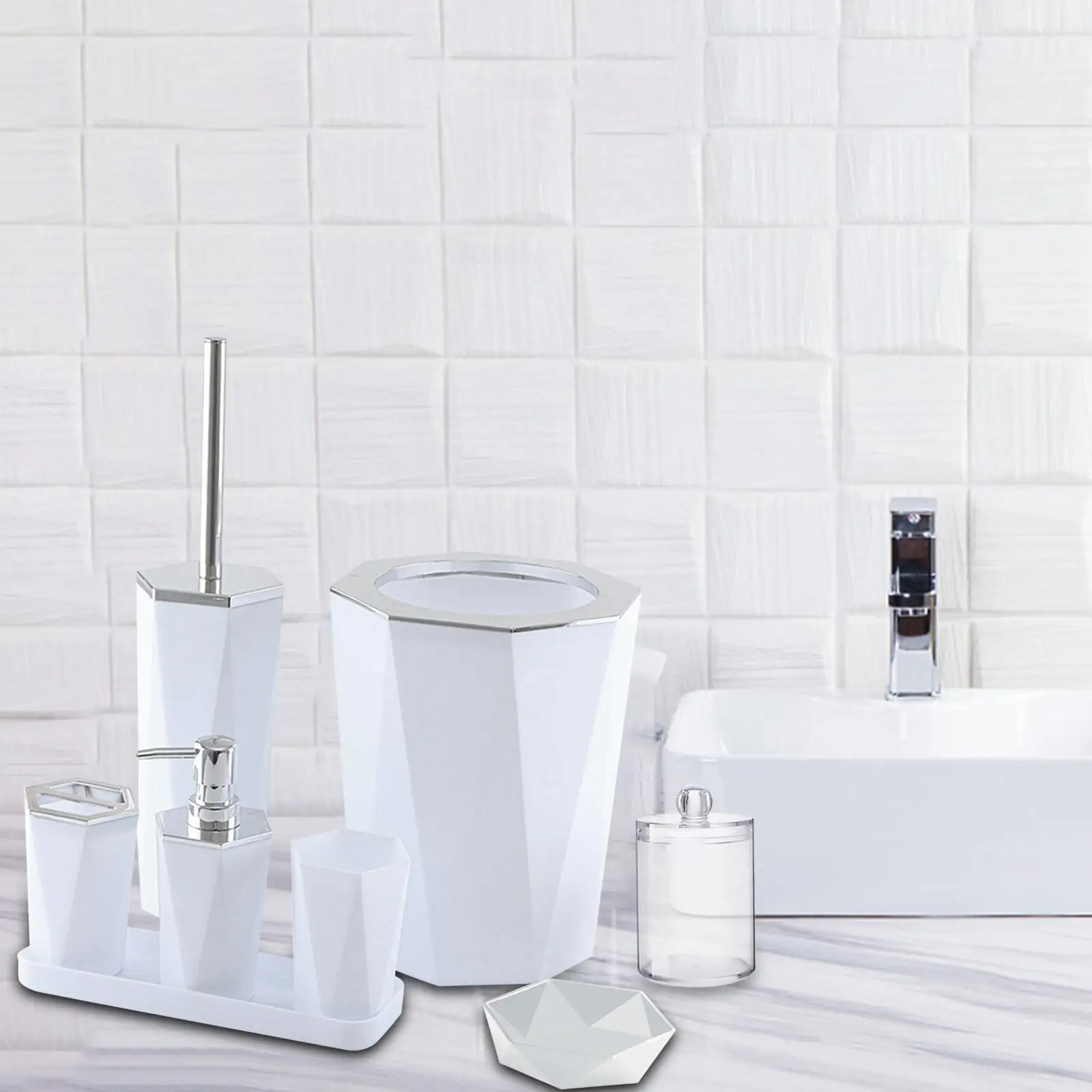 7Pcs Bathroom Accessories Set Toilet Brush Toothbrush Cup and Soap Dispenser and Soap Dish and Tumbler for Countertop Toilet