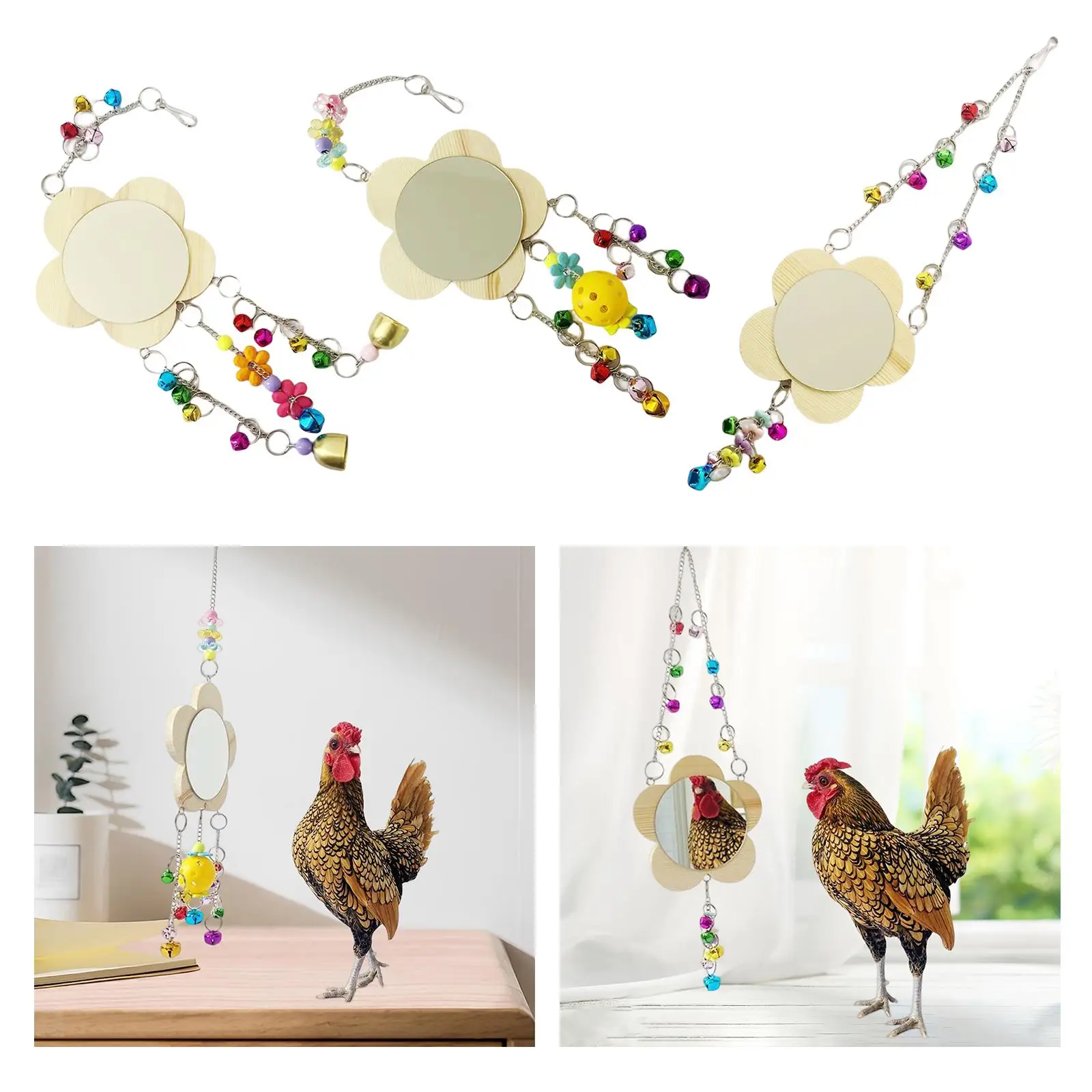 Hens Chicken Mirror Toy with Bell Broken Resistant Wooden Swing Toys Hanging Holder Chicken Xylophone Toy for Coop Accessories