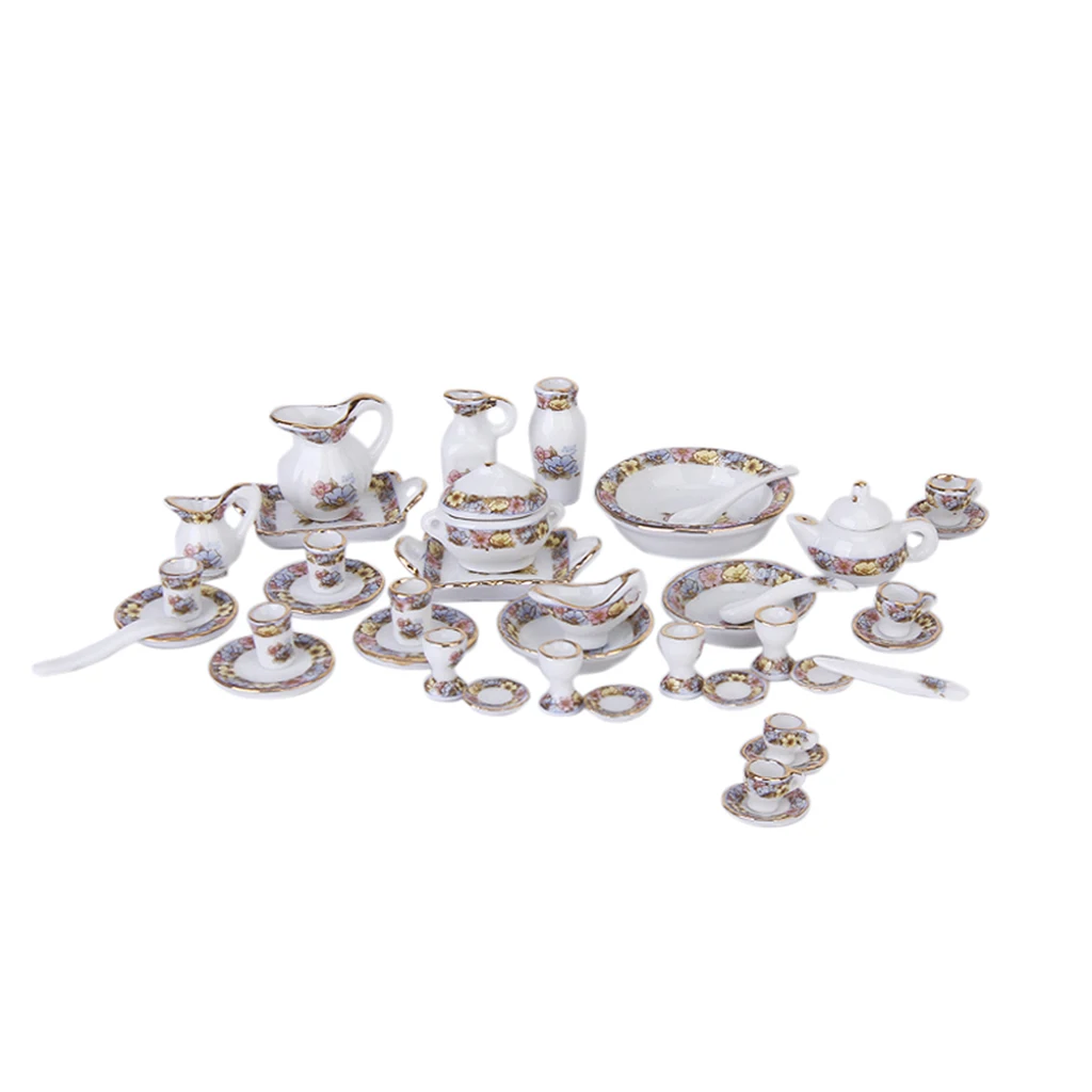 40pcs 1/12 Dollhouse Miniature Dining Ware Porcelain Tea Set Dish Plate