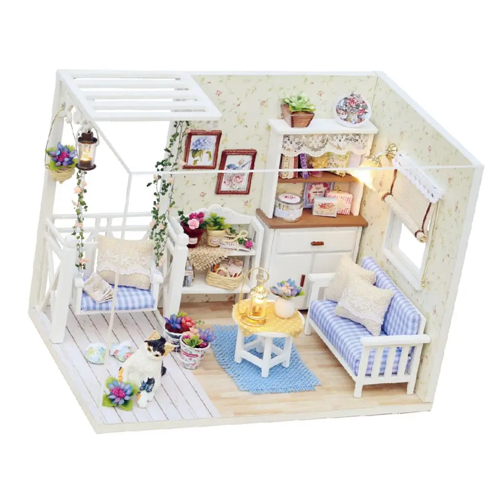 Kitten Diary -DIY  Miniature Dollhouse Furniture Toy Set with Dustproof Case & LED Light kids children toy Gift Playset