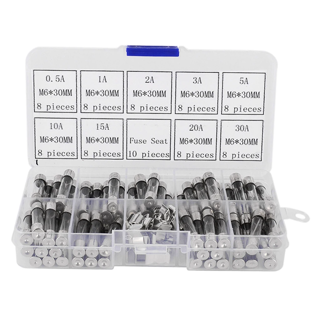 72Pcs 6*30mm Car Glass Tube Fuses Vehicles Electrical Assorted Kit 250V 0.5-30A