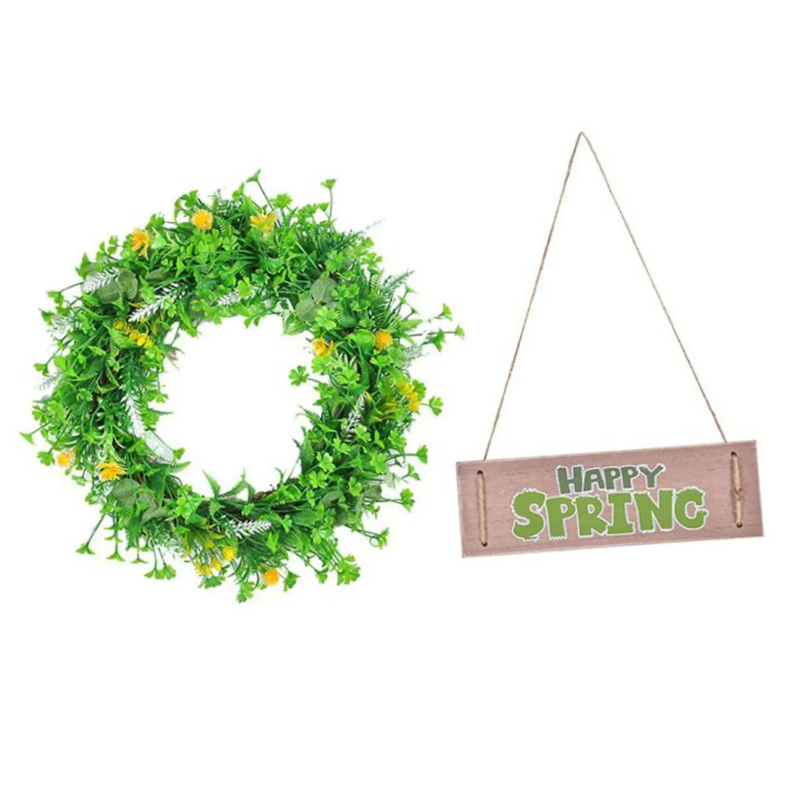 40cm Happy Spring Sign Greenery Wreath Summer Front Door Hanger Rustic Garland