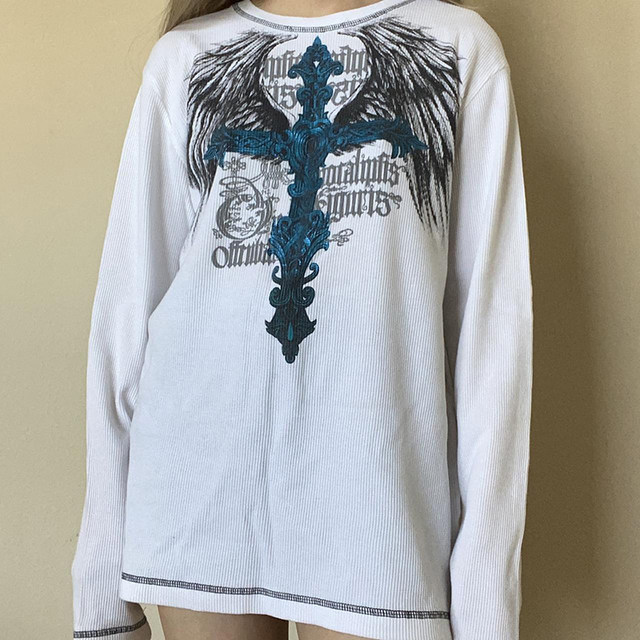 Y2k Mall Goth Retro Pullovers Tops 00s Vintage Cross Wings