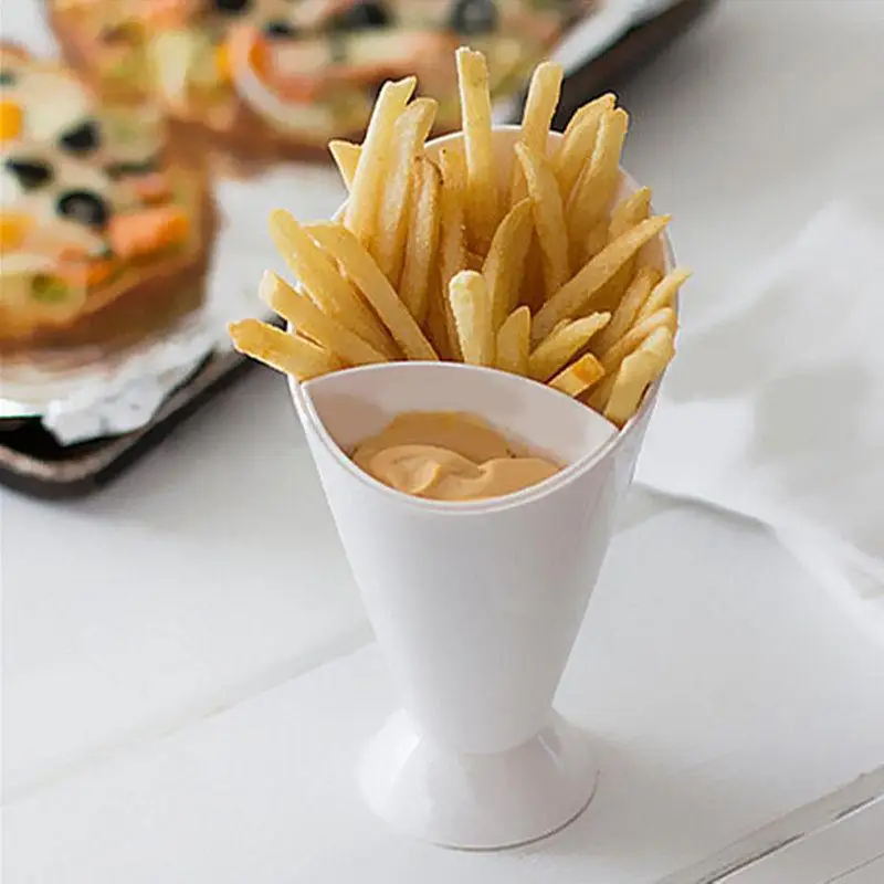 Kitchen Serving Tool Snack Cone Stand + Dip Holder for Chips Finger Food Sauce White