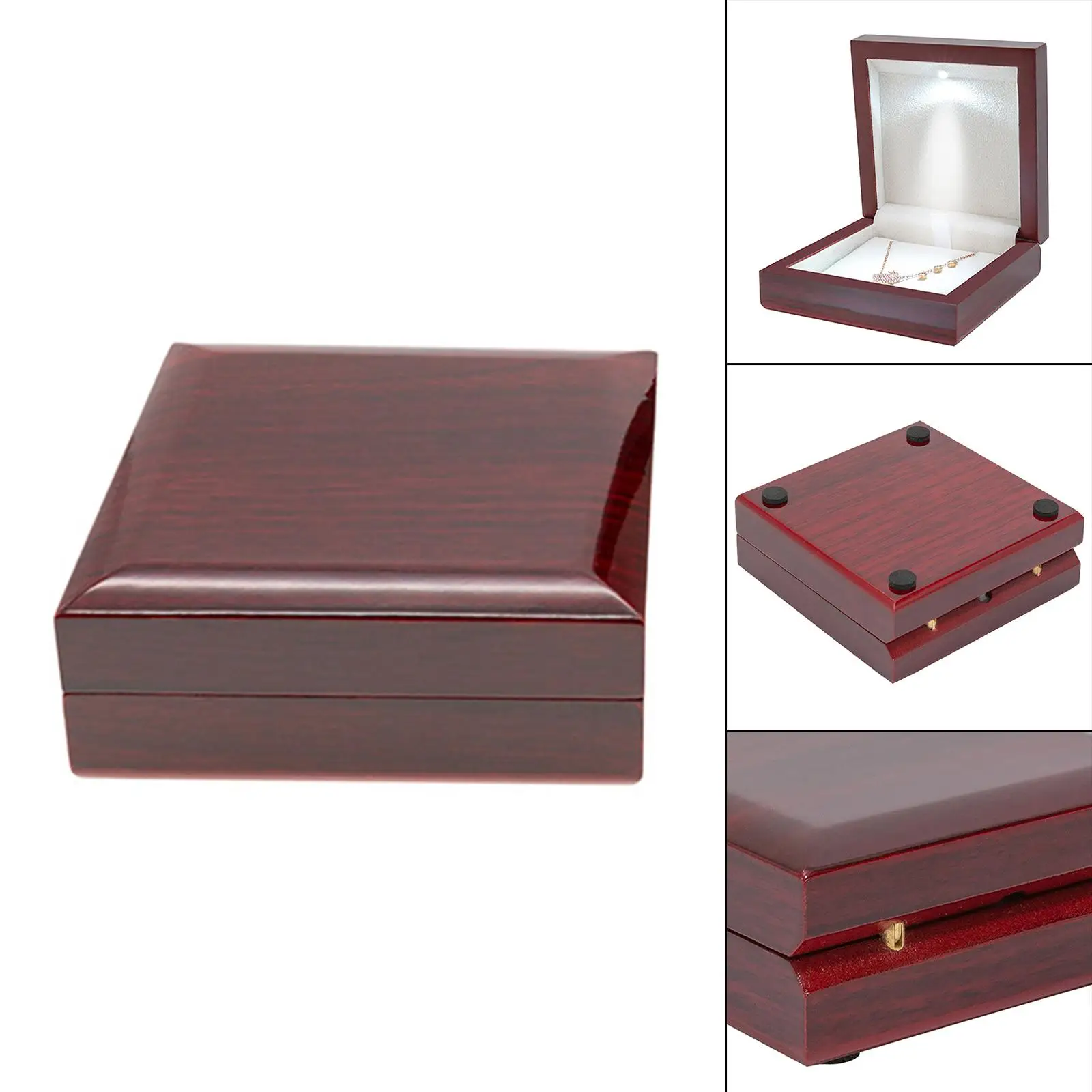 Elegant Necklace Gift Box with LED Light Soft Plush Tray Square Packer Box Wood Jewelry Storage Case for Propose Christmas