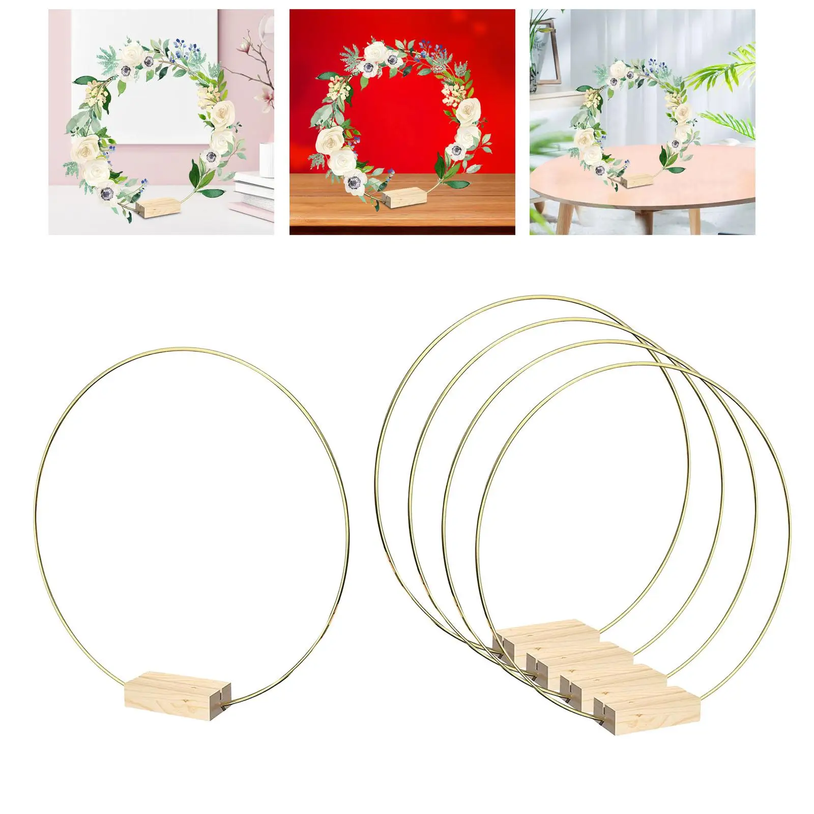 Metal Floral Hoop Garland Hoop Place Card Holders, with Wooden Base Centerpiece for Home Festival Christmas Tabletop Decoration