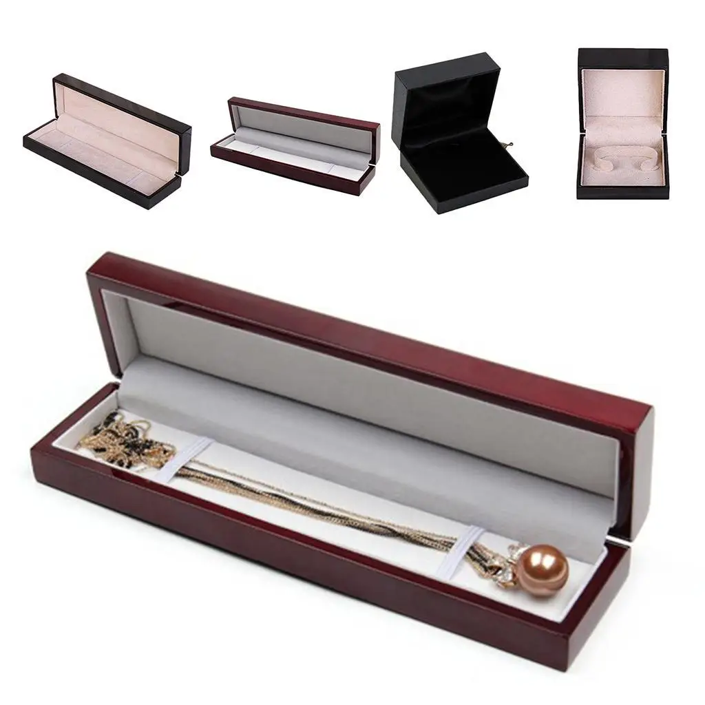 Wood Velvet Jewelry Storage Box Long Chain Watch Showcase Display Organizer