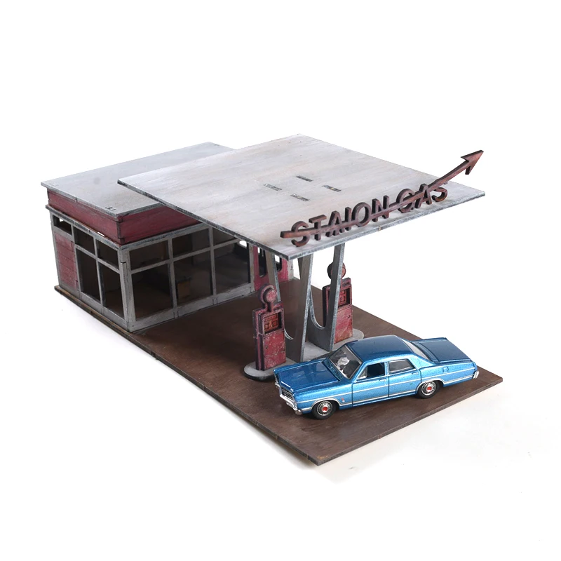 1:72 1:64 Gas Station Building Scene Wooden Assembled Model Ornaments DIY Handmade Gifts