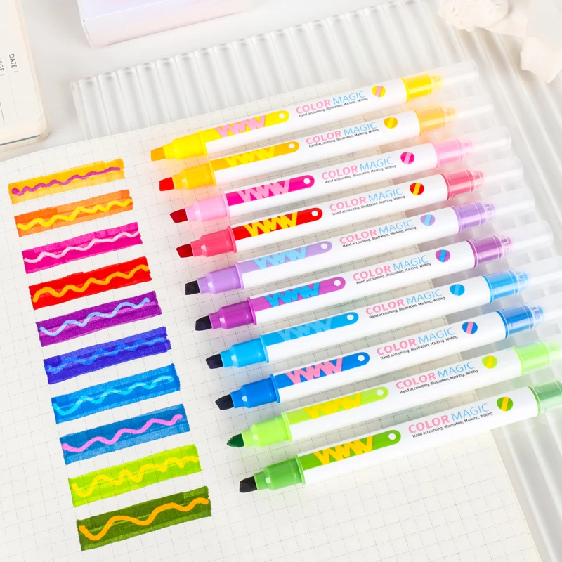 10-teiliges doppelseitiges magisches Farbwechsel-Textmarker-Set für Studenten, Tagebuch, Sammelalbum, Malerei, DIY-Herstellung, niedliches Büro-Briefpapier – Detail 5