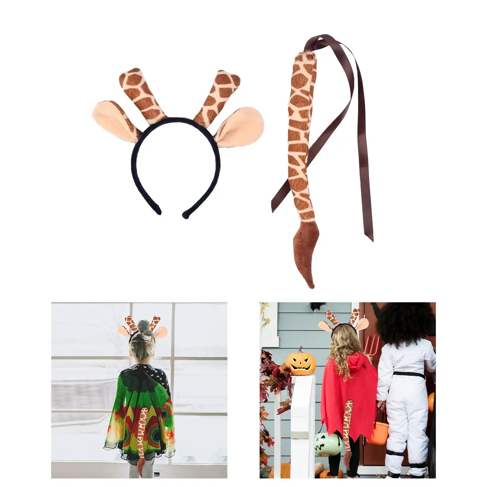 Giraffe Ears and Long Tail Dress up Long Tail Faux Costume Cow Ear Headband for Performance Prom Christmas Halloween Fancy Party