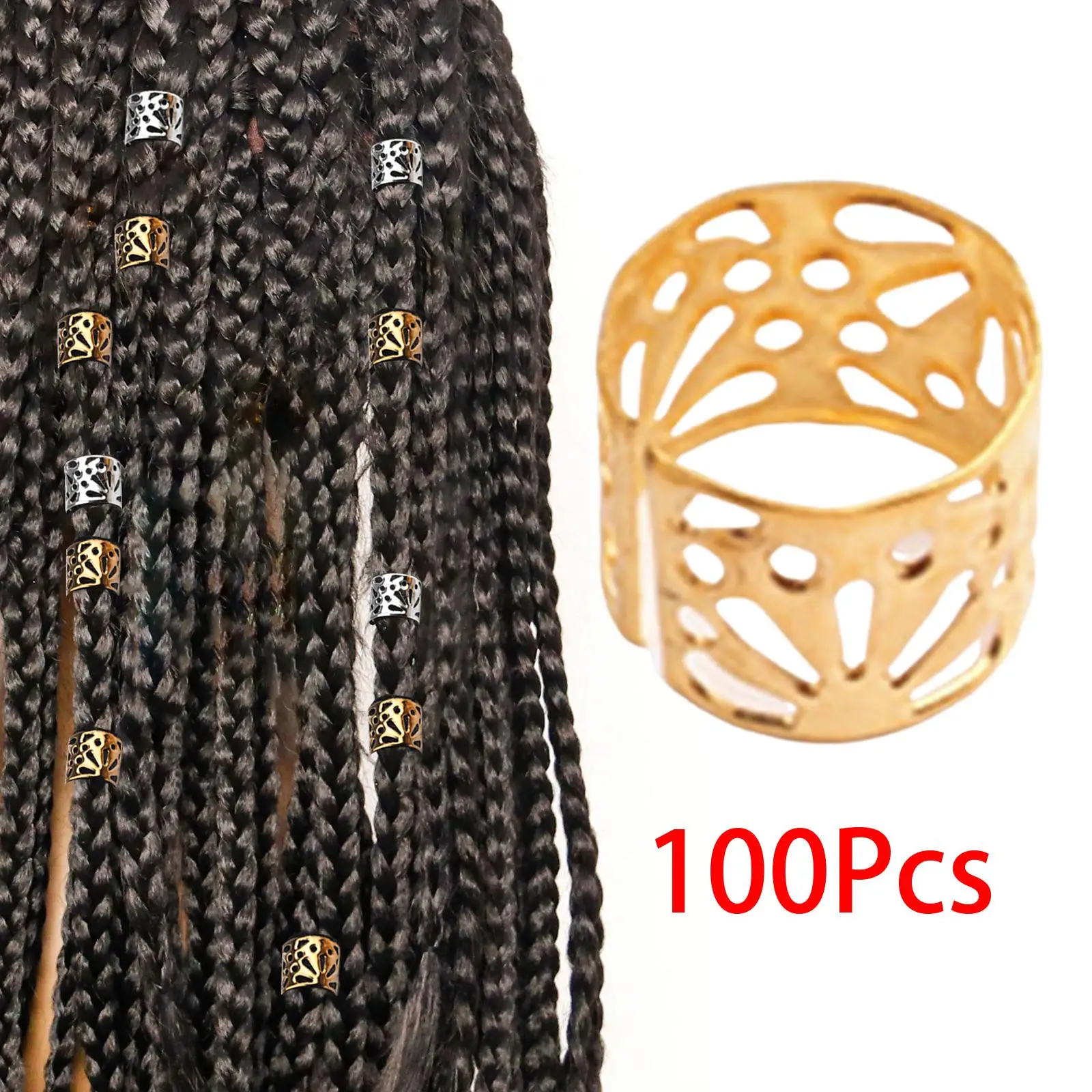 100x Dreadlocks Beads Hair Accessories, Hollow Pattern Opening Metal Clips Cuffs Rings Hair Braid Rings Clips, Beard Decoration