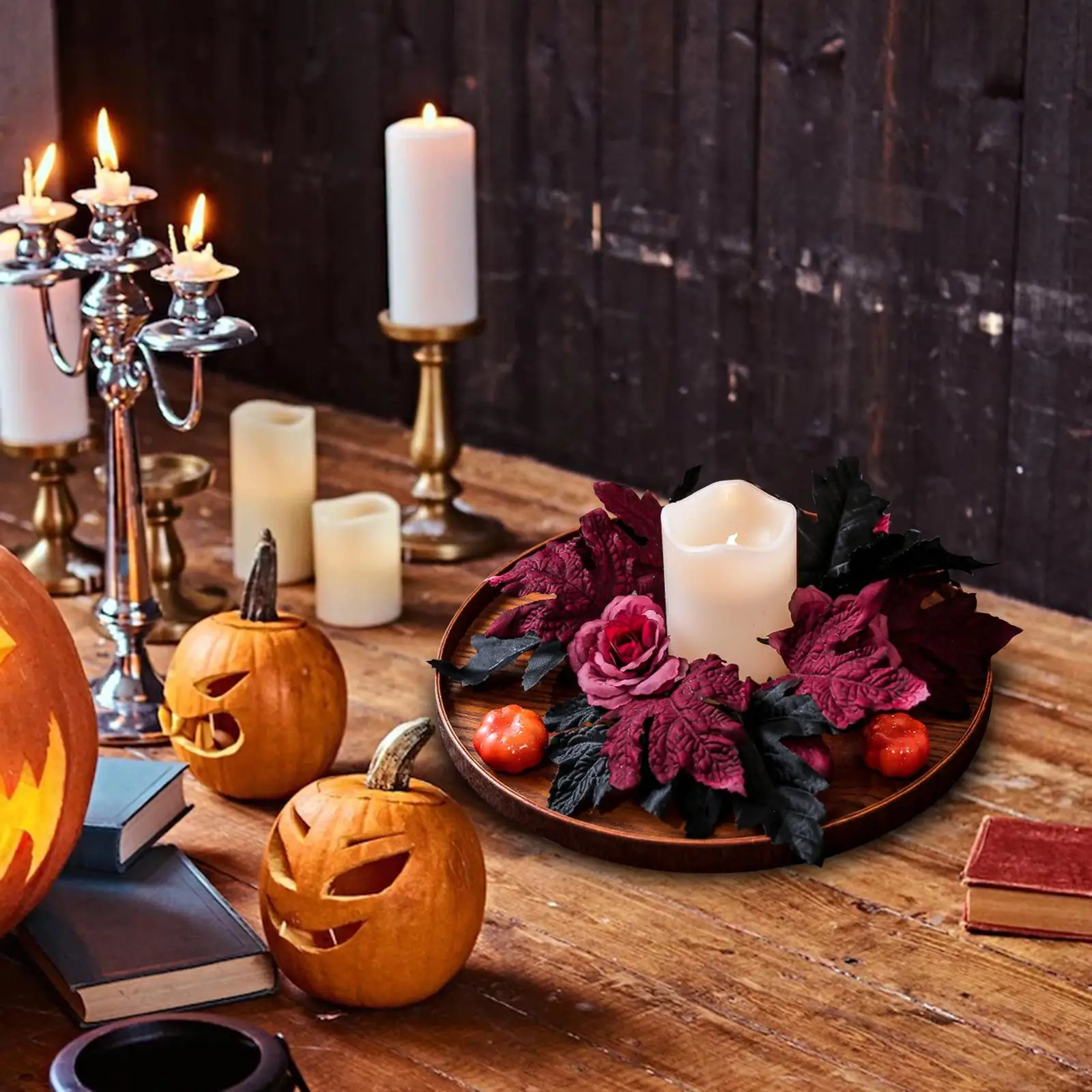 Halloween Dark Colored Rose and Leaf Candle Garland Wreath Desk Decoration