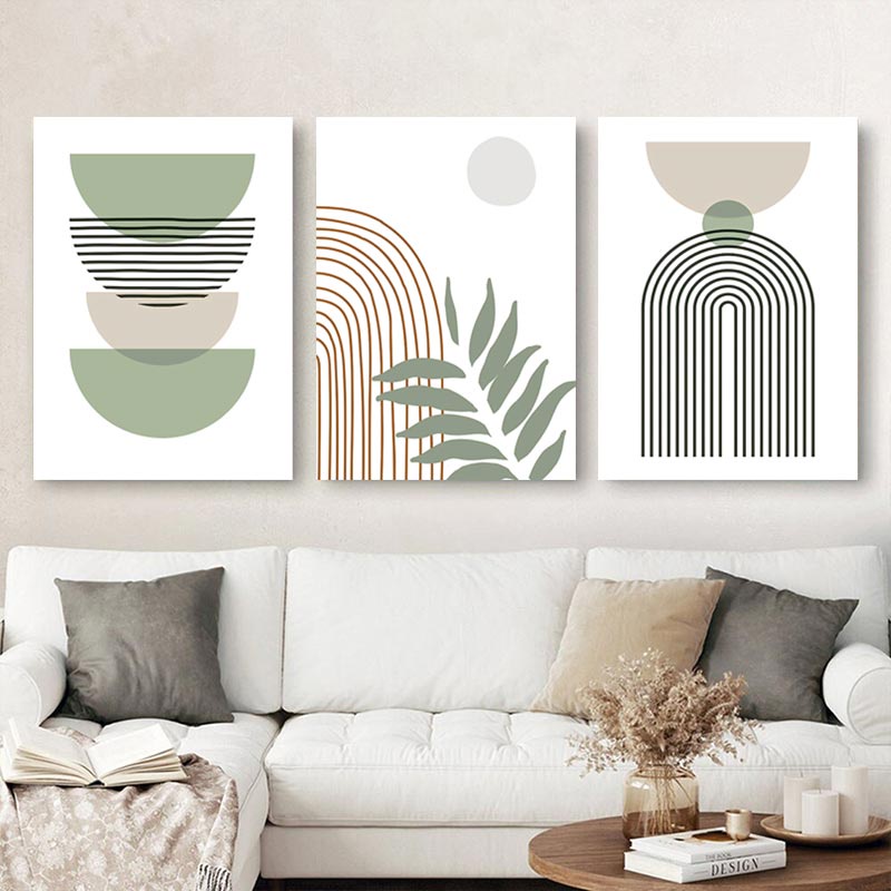 3pcs Boho Abstract Geometry with Framed Wall Art Canvas Painting Poster Leaves Sun Rainbow Living Room Interior Picture Decor