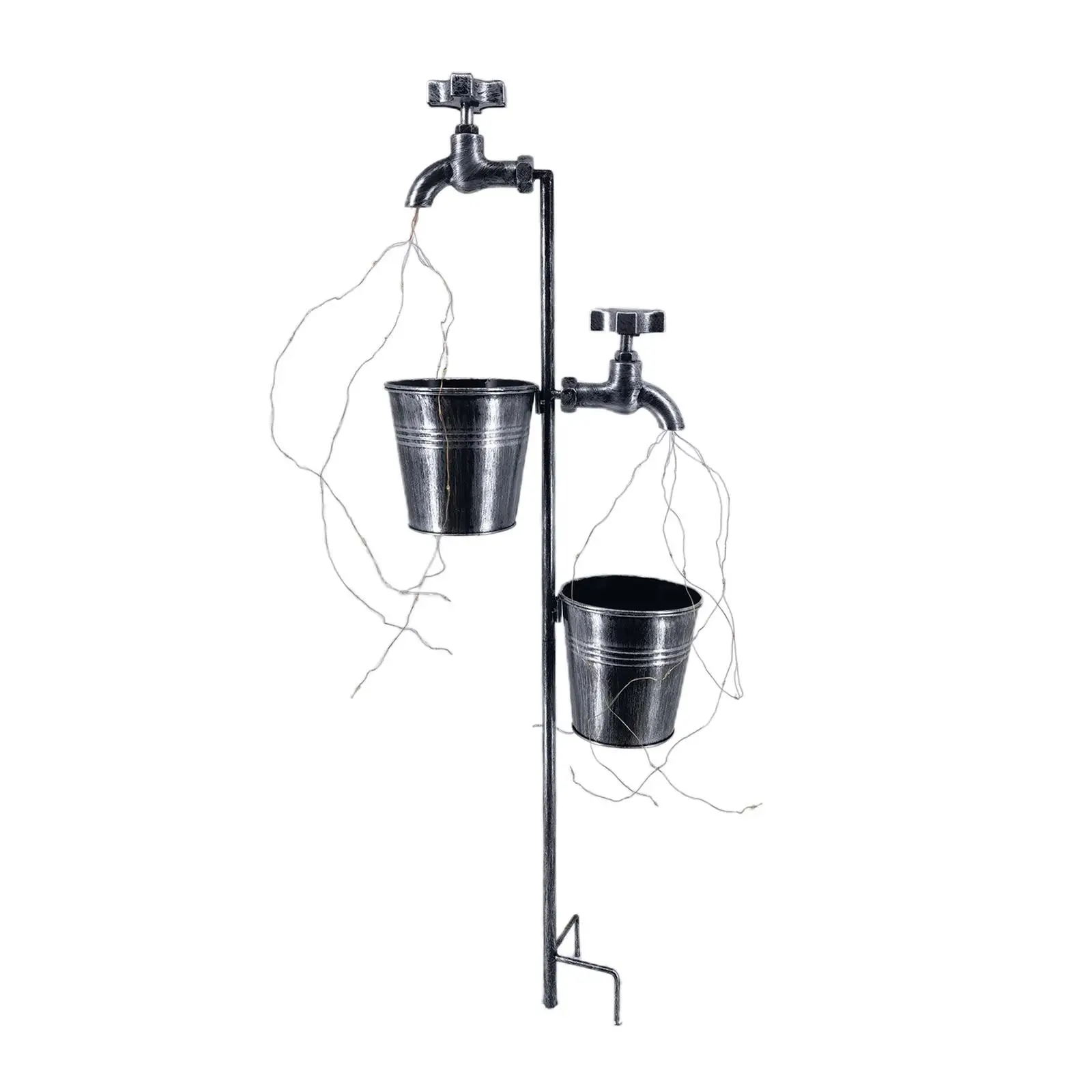 Solar Powered Double Faucets & Water Buckets Sprinkles Star String Lights for Garden Outdoor Party Decoration Summer Lighting