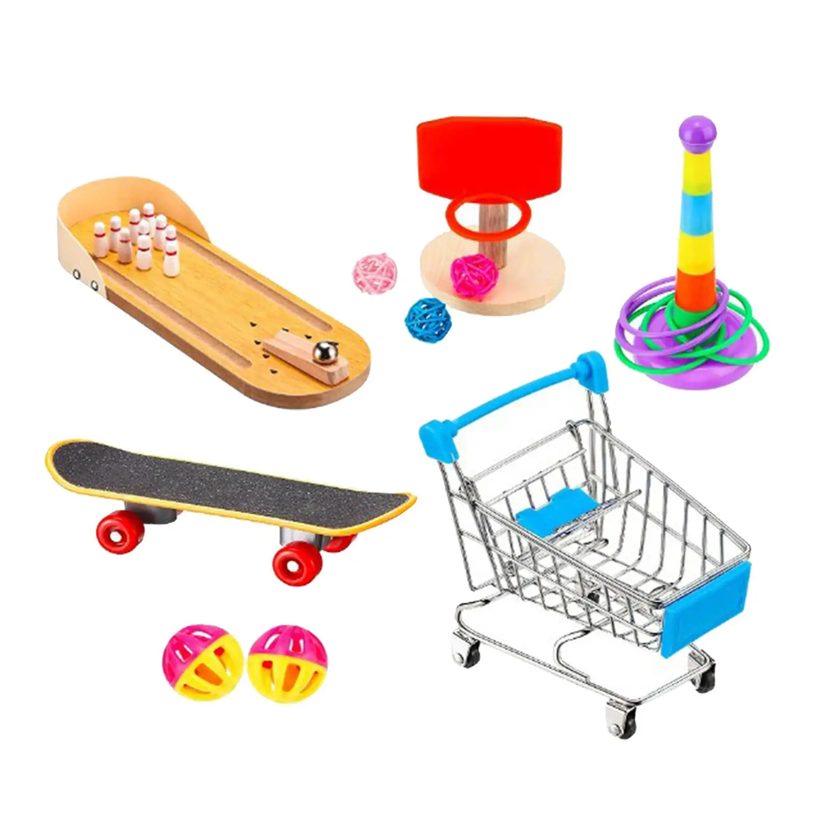 Set of 7 Parrot Training Toys Cage Toys Interactive mini Skate Toy Intelligence Training Ring Basketball for Accessory