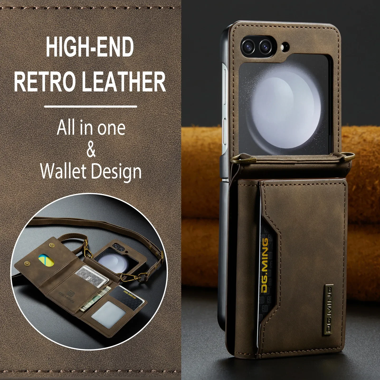 Leather Card Holder Wallet Samsung Galaxy Galaxy Z Flip Series With Removable Shoulder Strap