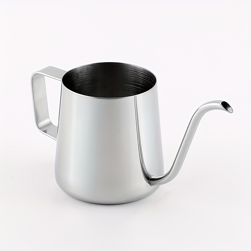 The 304 Stainless Steel Milk Cup Coffee House Essential High-Quality Coffee Set features a sleek design with a long, curved spout and a rectangular handle, much like a coffee accessory used for frothing milk, all set against a plain white background.