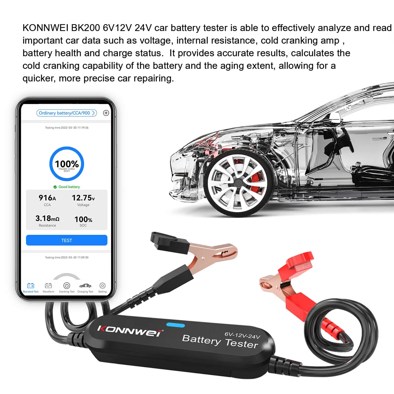 Bluetooth Car Battery Testing Tool Battery Detector Digital 6V 12V 24V 100-2000CCA Auto Battery Testing for SUV Car Truck