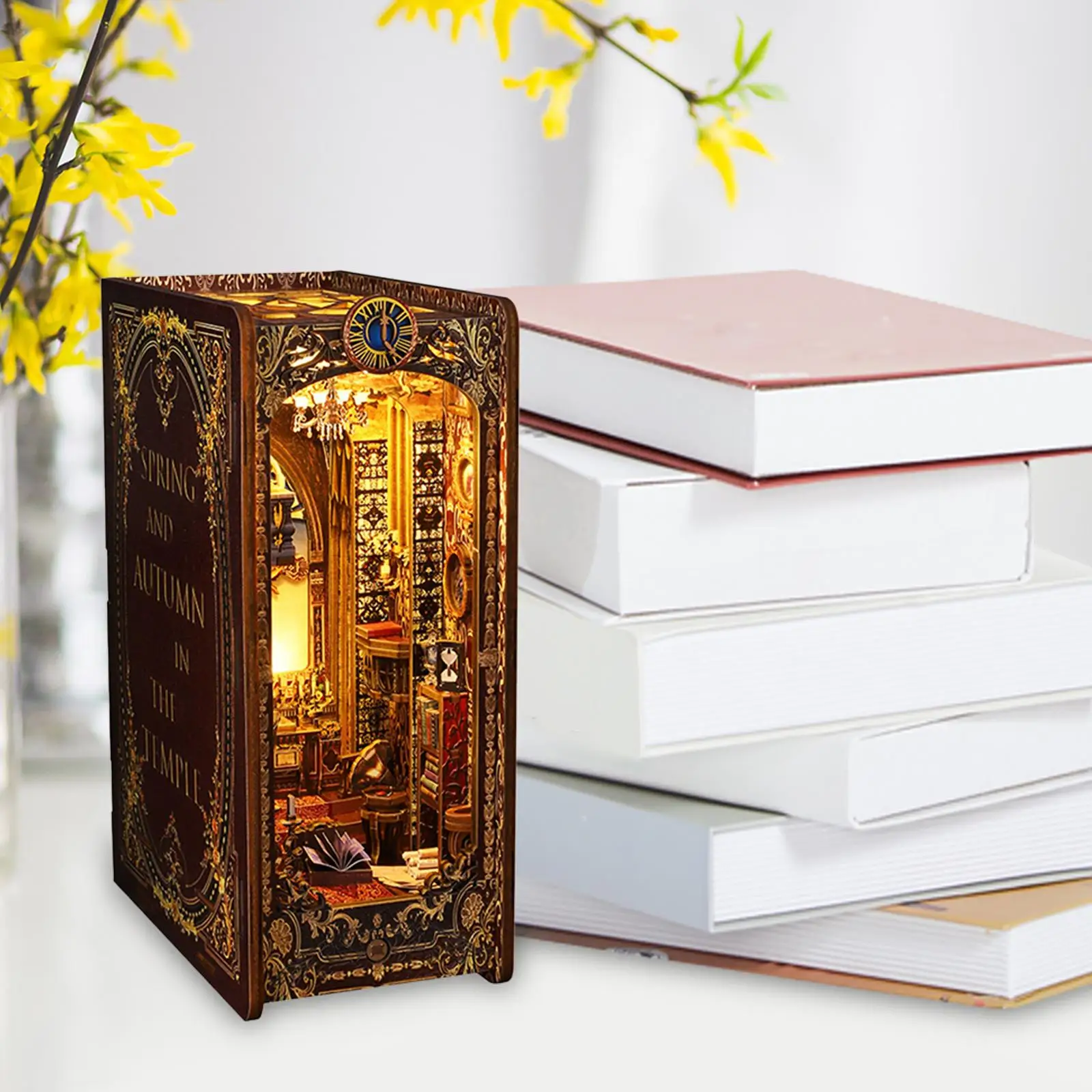 DIY Wooden Alley Booknook with LED Light Miniature House Bookshelf Insert Booknook for Home Office Living Room Book Decorations