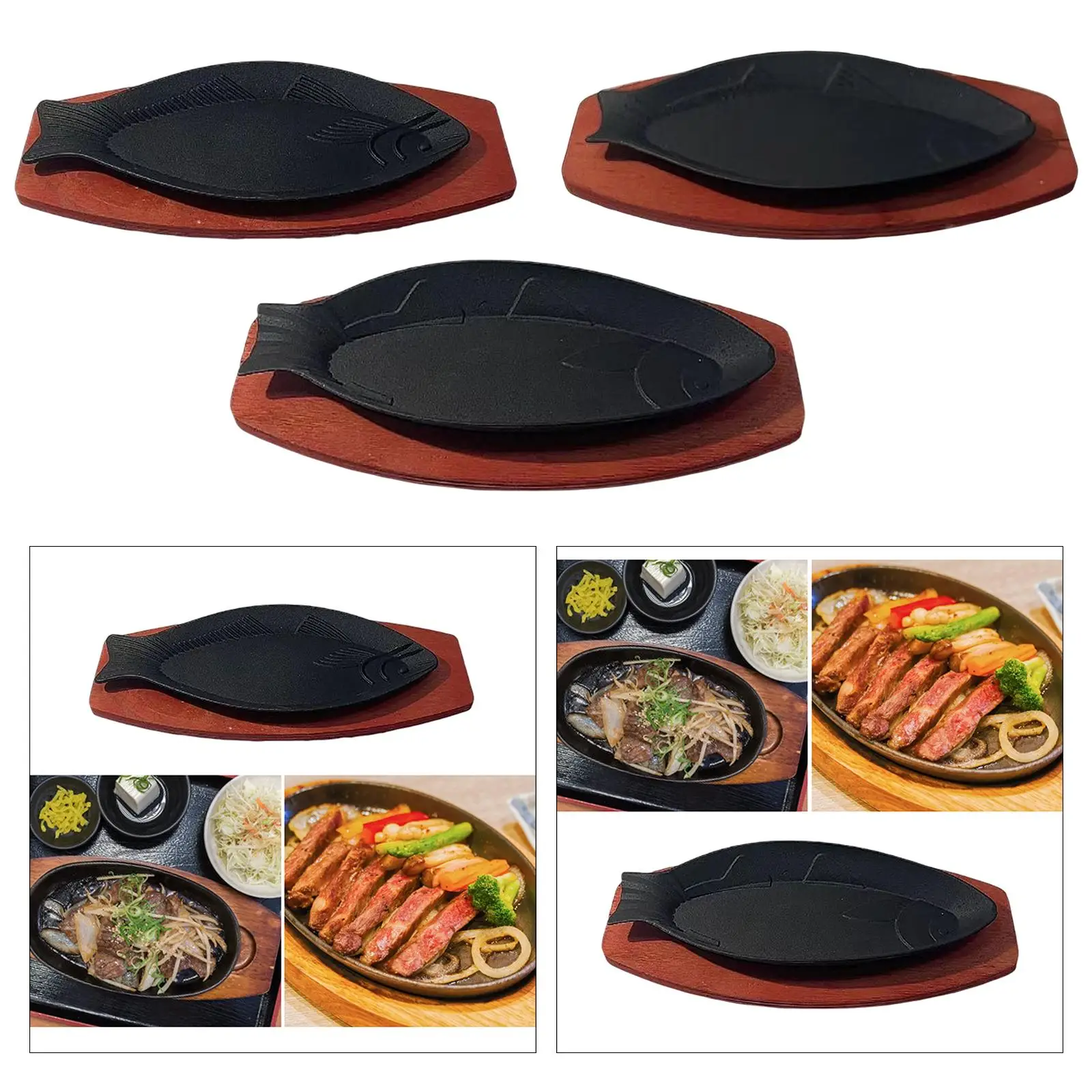Fish Shaped Grilling Pan with Wooden Base Serving Pan Fryer Baking Tools Cast steak Frying Pan for Picnics Restaurants BBQ
