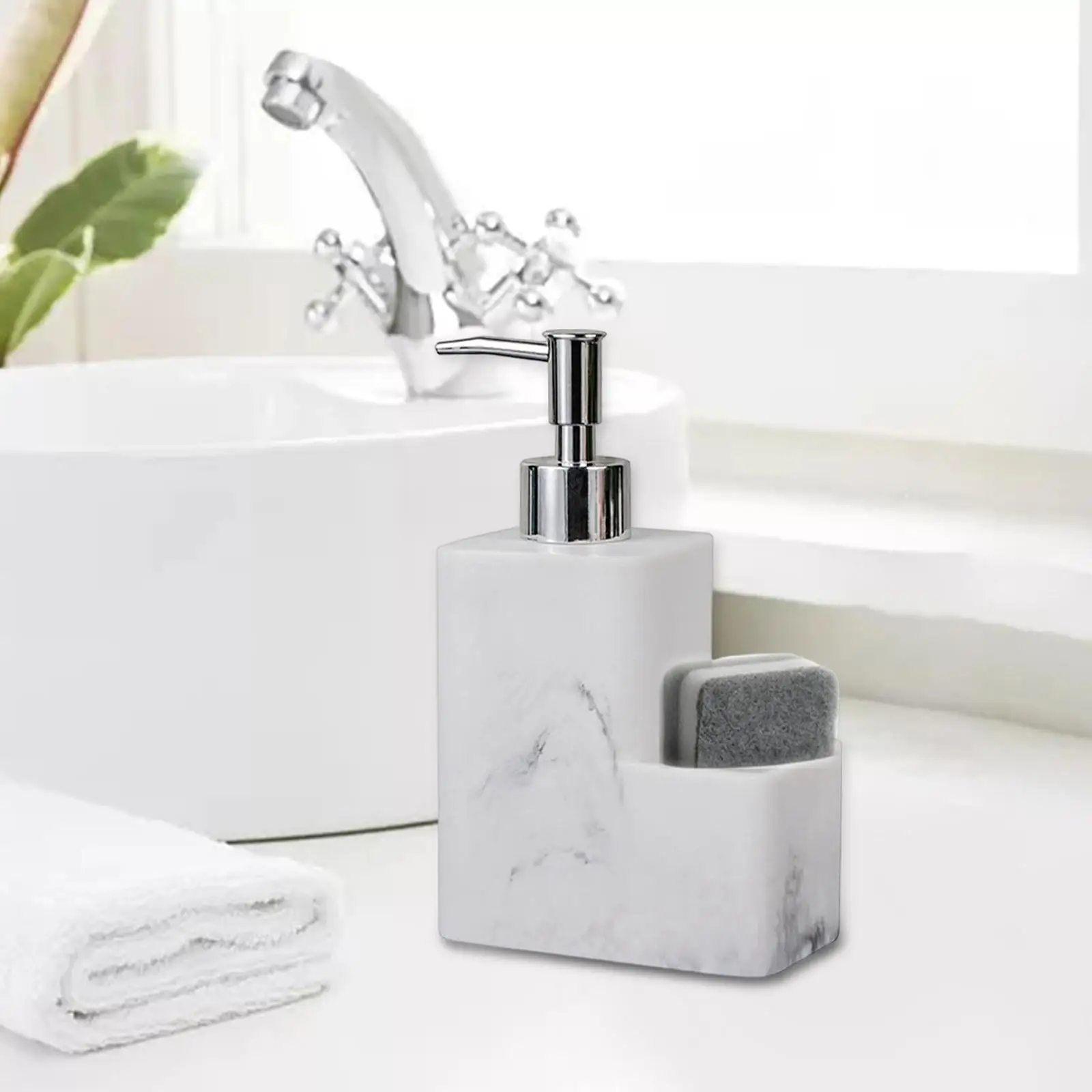 Refillable 350ml Dish Soap Dispenser Pump Bottle Marble Surface,Organizer Holder Stores Scrubbers for Countertop
