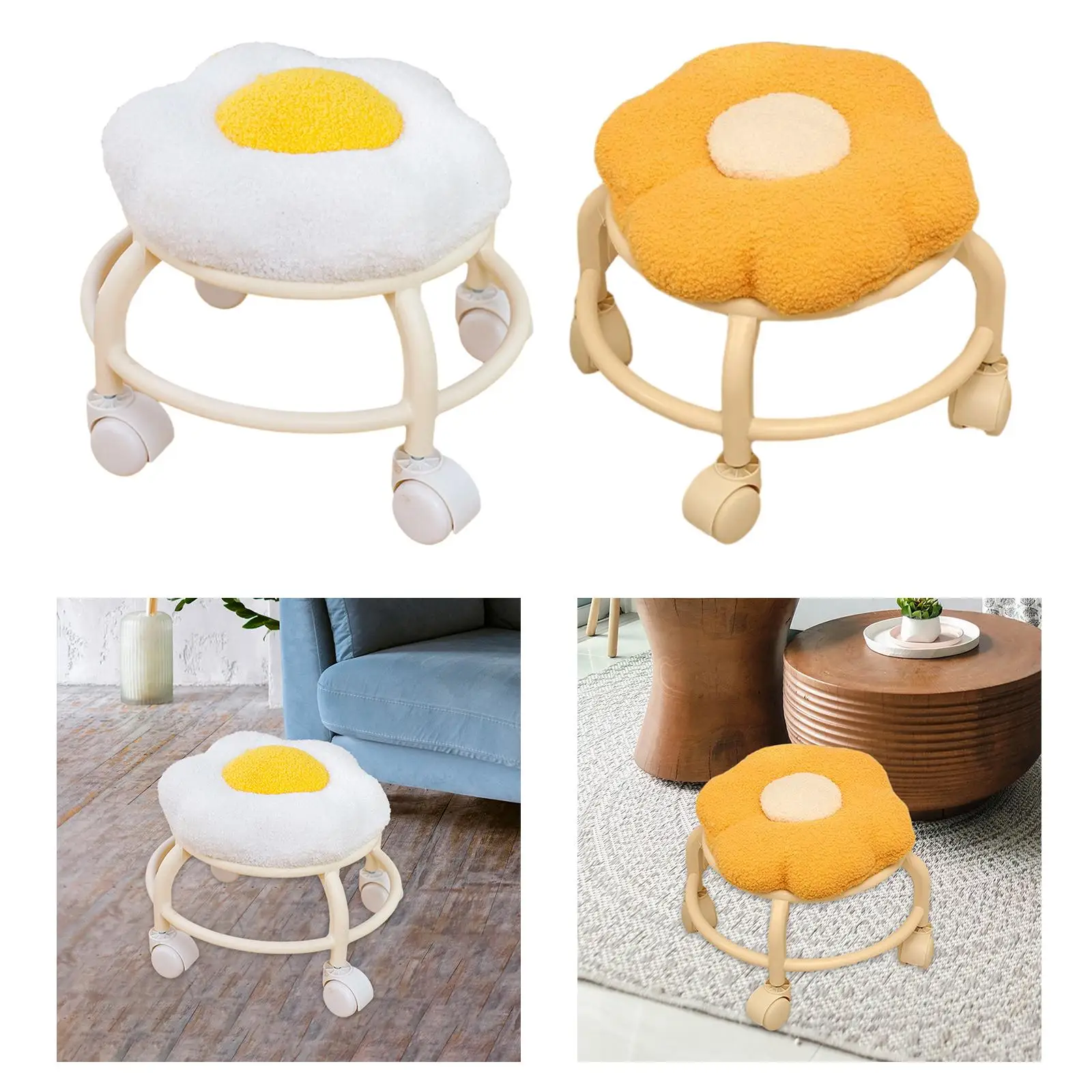 Low Rolling Stool with Wheels Flower Shape Comfortable Cute Low Small Stool Footrest for Garage Bedside Porch Kitchen Playroom