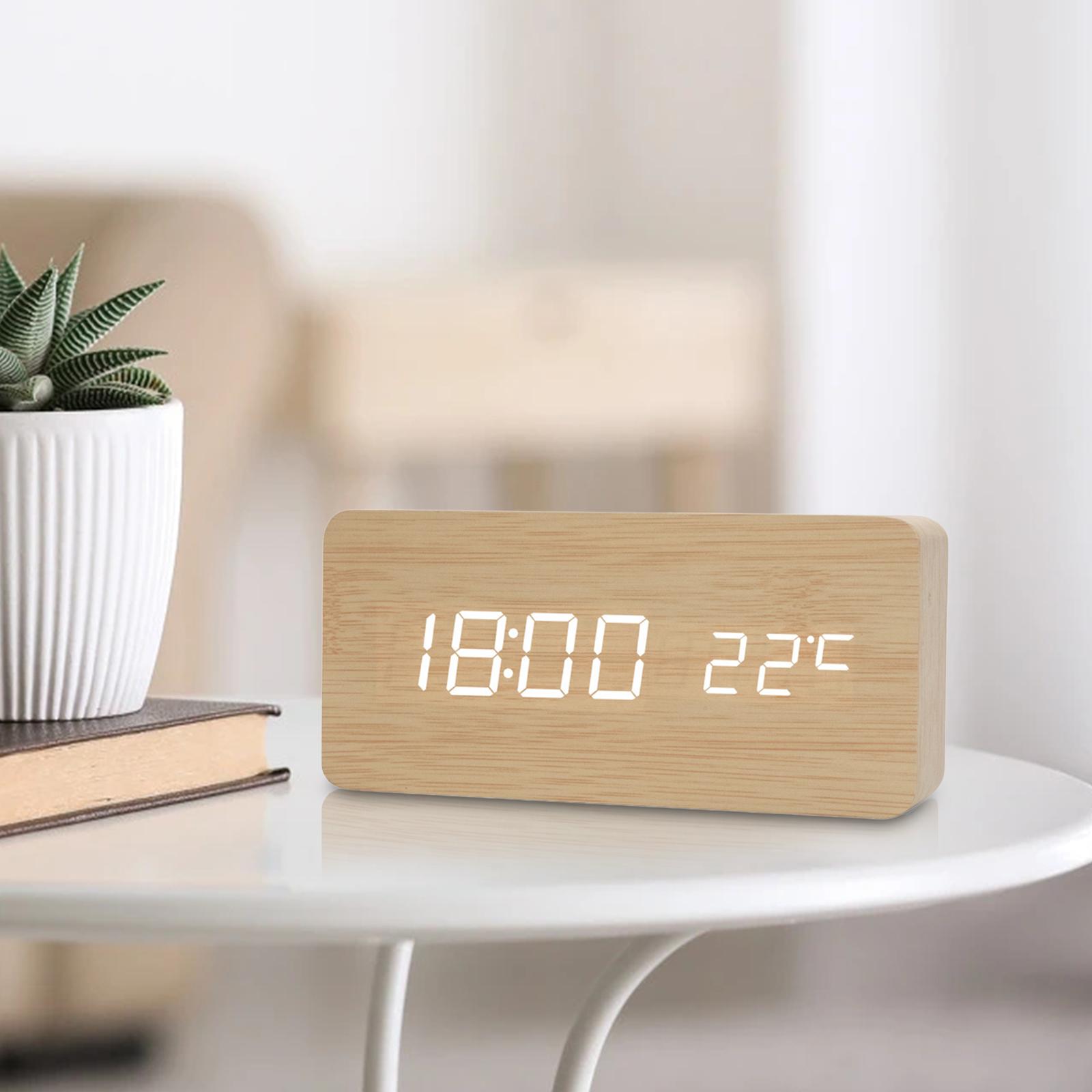 Portable Digital Alarm Clock Temperature Date Display Wood LED Office Decor