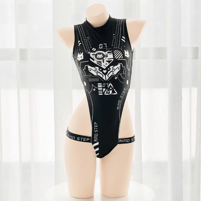Anime Game Cyber Machinery Women Cosplay Costume Cat Sleeveless Mecha Print Hollow Out Leg Ring Personality Jumpsuits Swimsuit