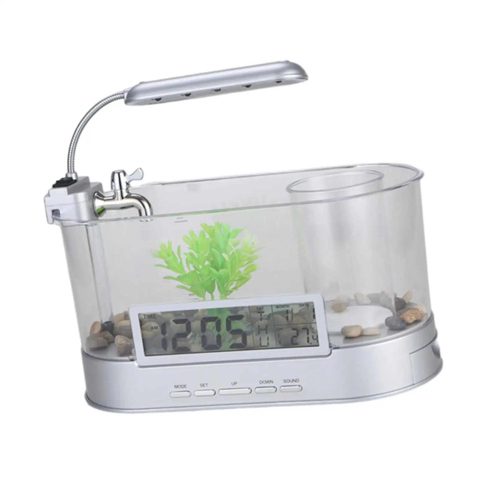 Fish Tank with Leach Accessories Mini Landscape Transparent Pump LCD Lamp Decoration for Goldfish Small Fish Turtle Office