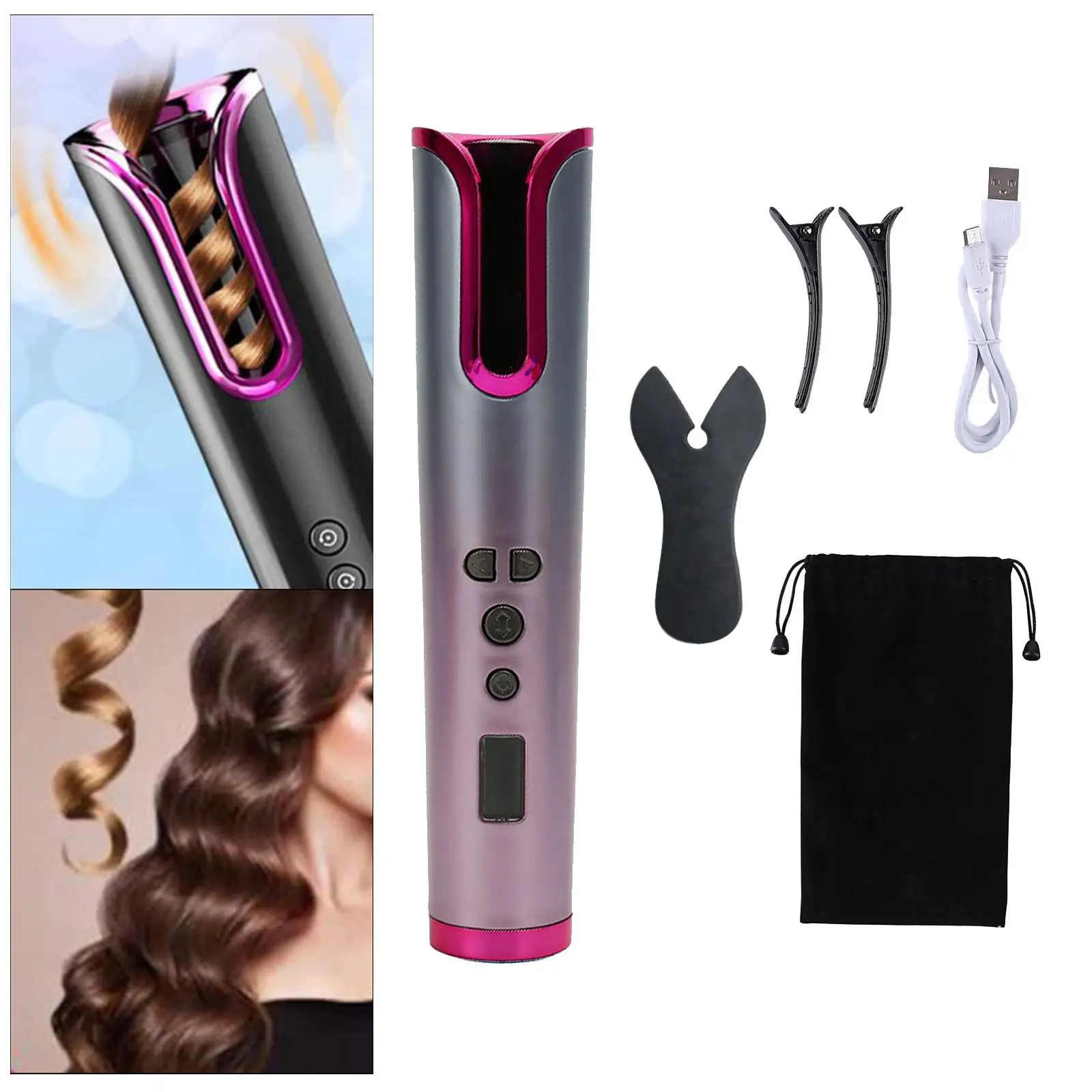 Cordless Hair Curler USB Rechargeable Automatic Curling Iron,LCD screen Display