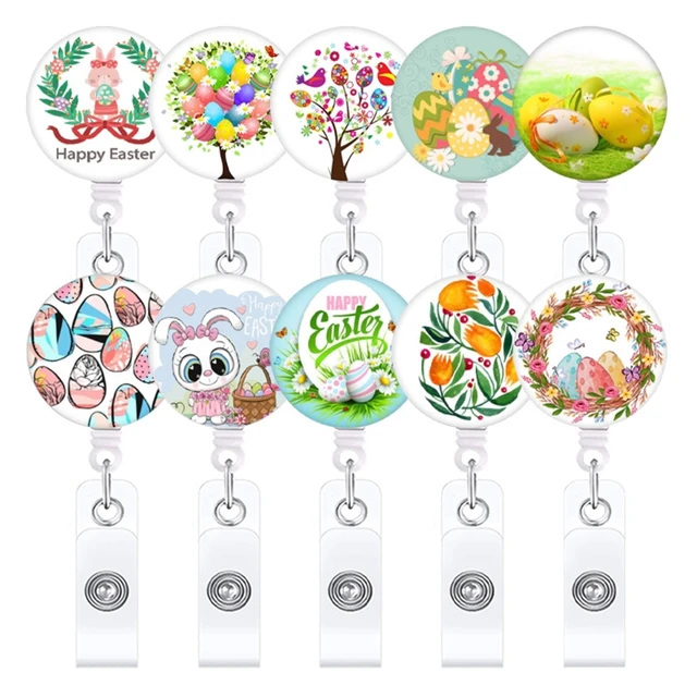 Retractable Badge Reel Holder with Clip Easter Egg Rabbit Pattern