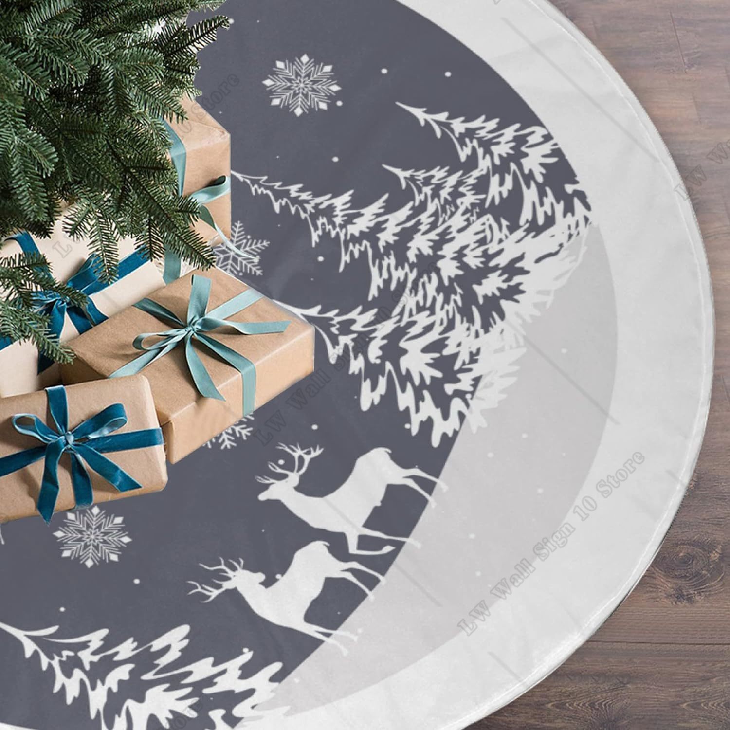 White Grey Christmas Tree Skirt with Cute Santa Claus Reindeer Snowflake Xmas Ornaments Mat for Indoor Holiday Party Decoration