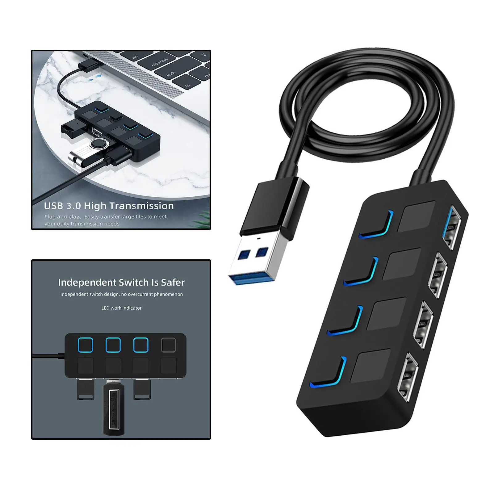 4 Port USB 3.0 Hub, with Extended Cable Compact Data USB Hub for Mobile HDD PC for Surface Pro (Charging Not Supported)