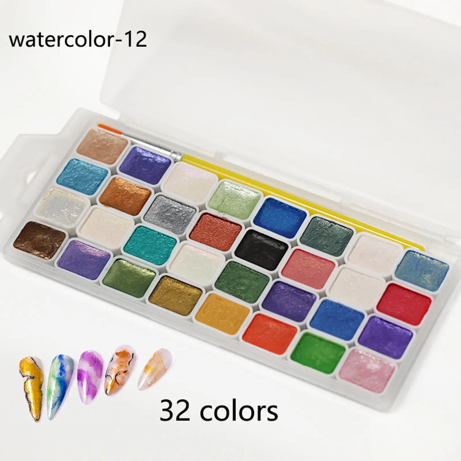 Glitter 32 Colors Solid Watercolor Paints Set Pearlescent DIY Nail Art Metallic Gouache Paint Set for Students Hobbyists