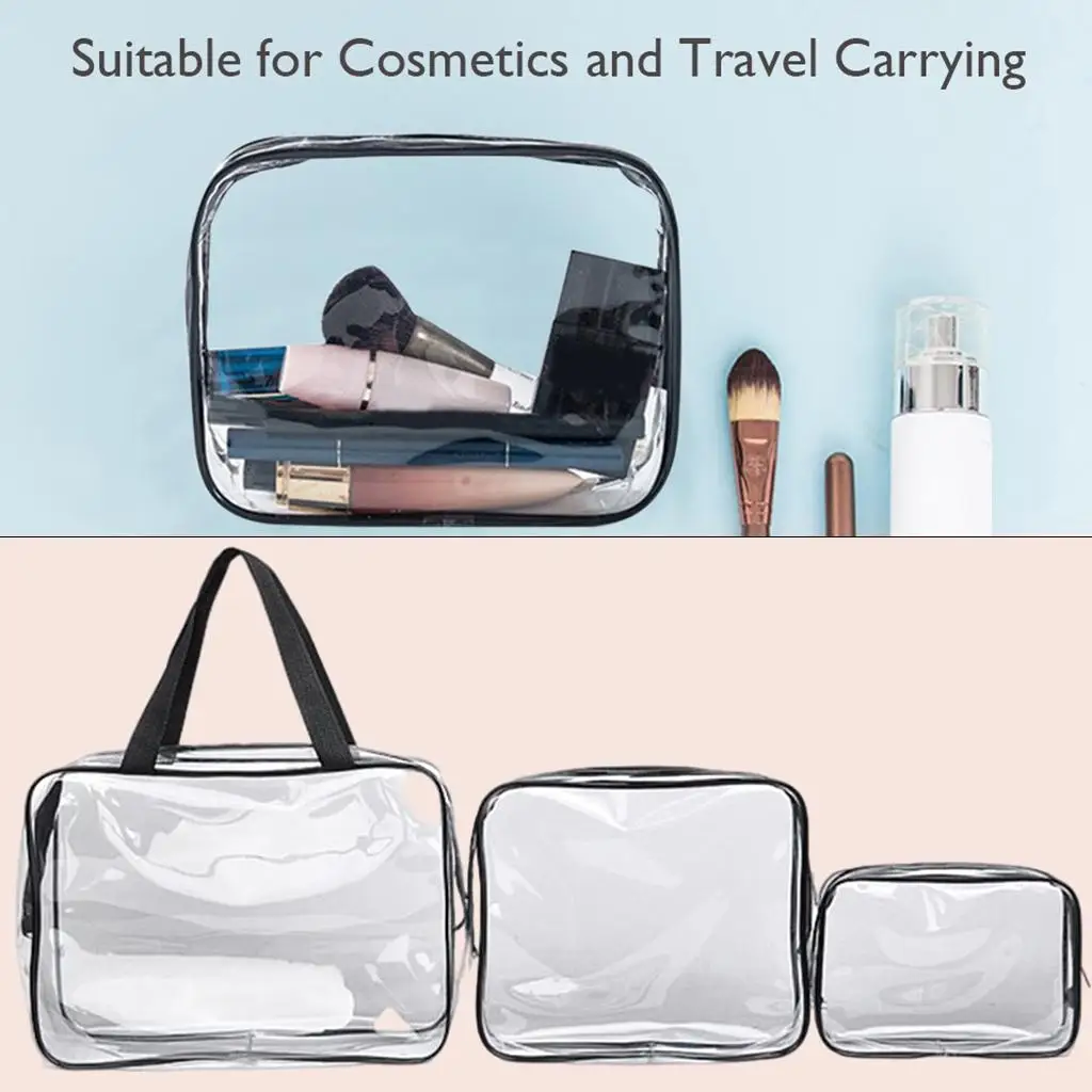 Set of 3  Bags, Clear Toiletry Bag Set, Waterproof Clear PVC with Zipper Handle Portable Travel Pouch